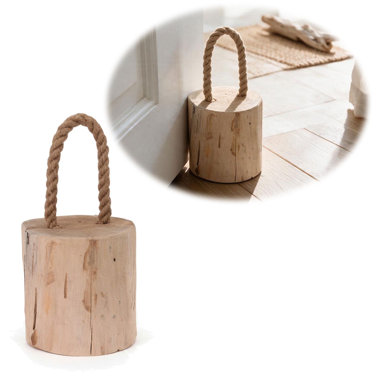 LS-LebenStil Bodentürstopper Boden Türstopper Oslo 15cm FSC Teak Holz 1,5kg schwer Jute Tragegriff (Handgearbeitet Bodenstopper Türpuffer Türhalter Türsack Türkeil Tür Stopper Sack Fensterstopper Boden Stopper Buchstütze, 1 St)