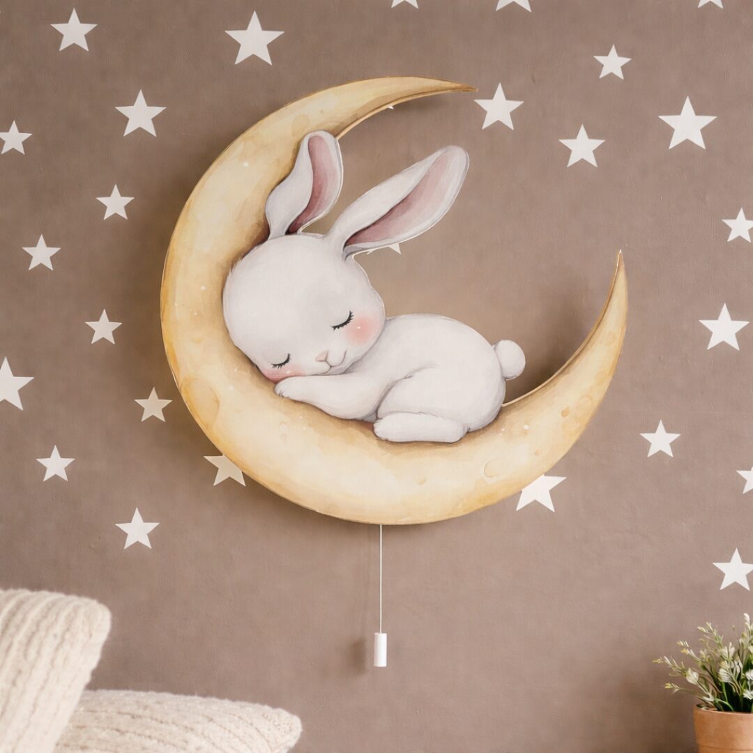 COZYCOLLECTIONS LED Wandleuchte LED-Wandnachtlicht Hase auf Mond 33 cm, LED, Warmweiß, Montessori-inspiriertes Nachtlicht für ruhige Abendrituale