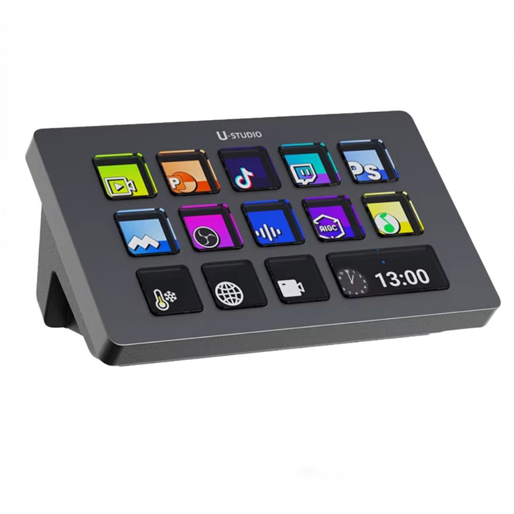 Athlix Streaming Boxen D200 Stream-Deck Studio-Controller Live-Streaming, Gaming, Integriertes Info-Fenster, 13 anpassbare LCD-Tasten