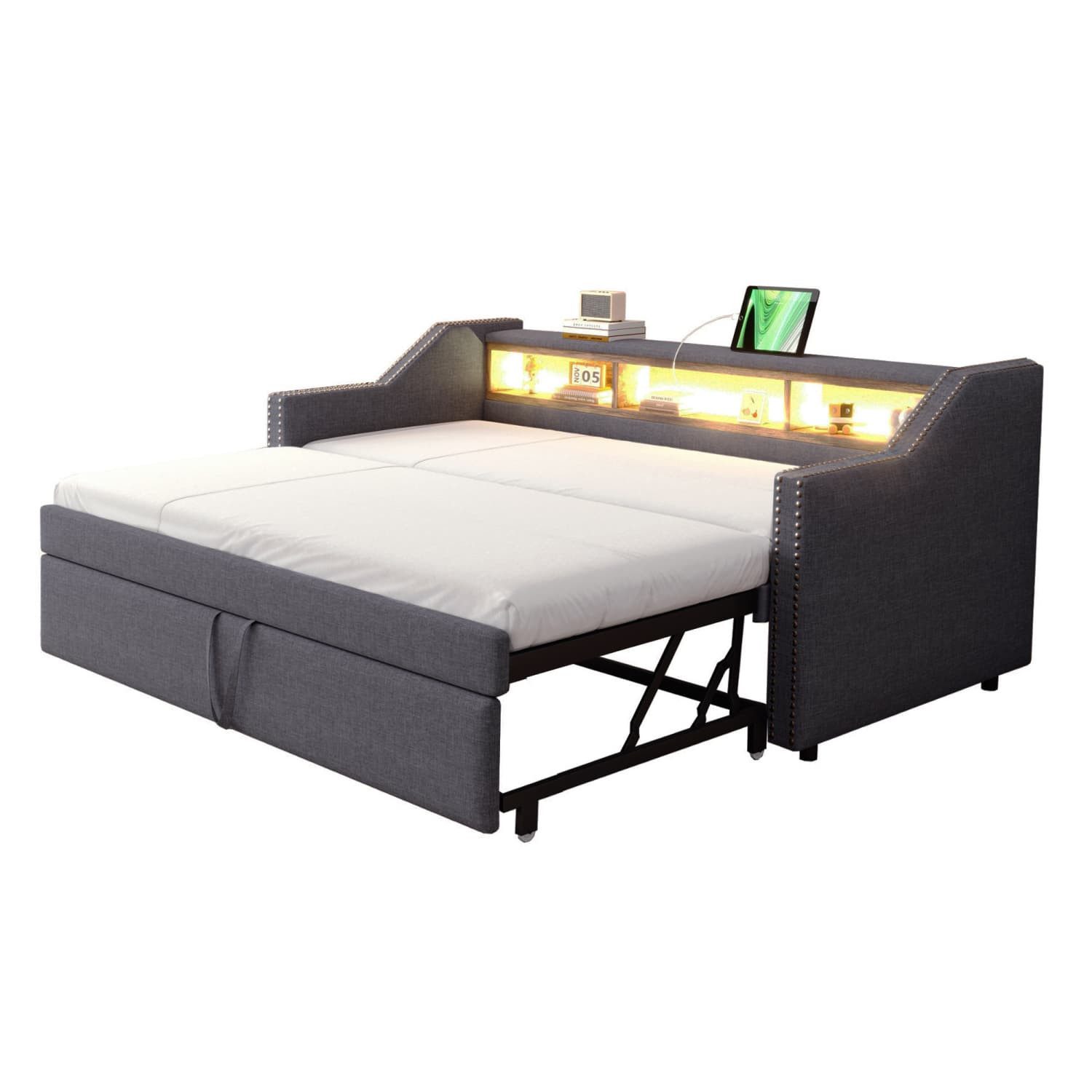 autolock Daybed Metall-Hochbett,Kinderbett, Sicherheitsleiter mit Treppenstufen, Einzelbett,Etagenbett mit Tisch+Regalen,Metallgitter-Sicherheitszaun