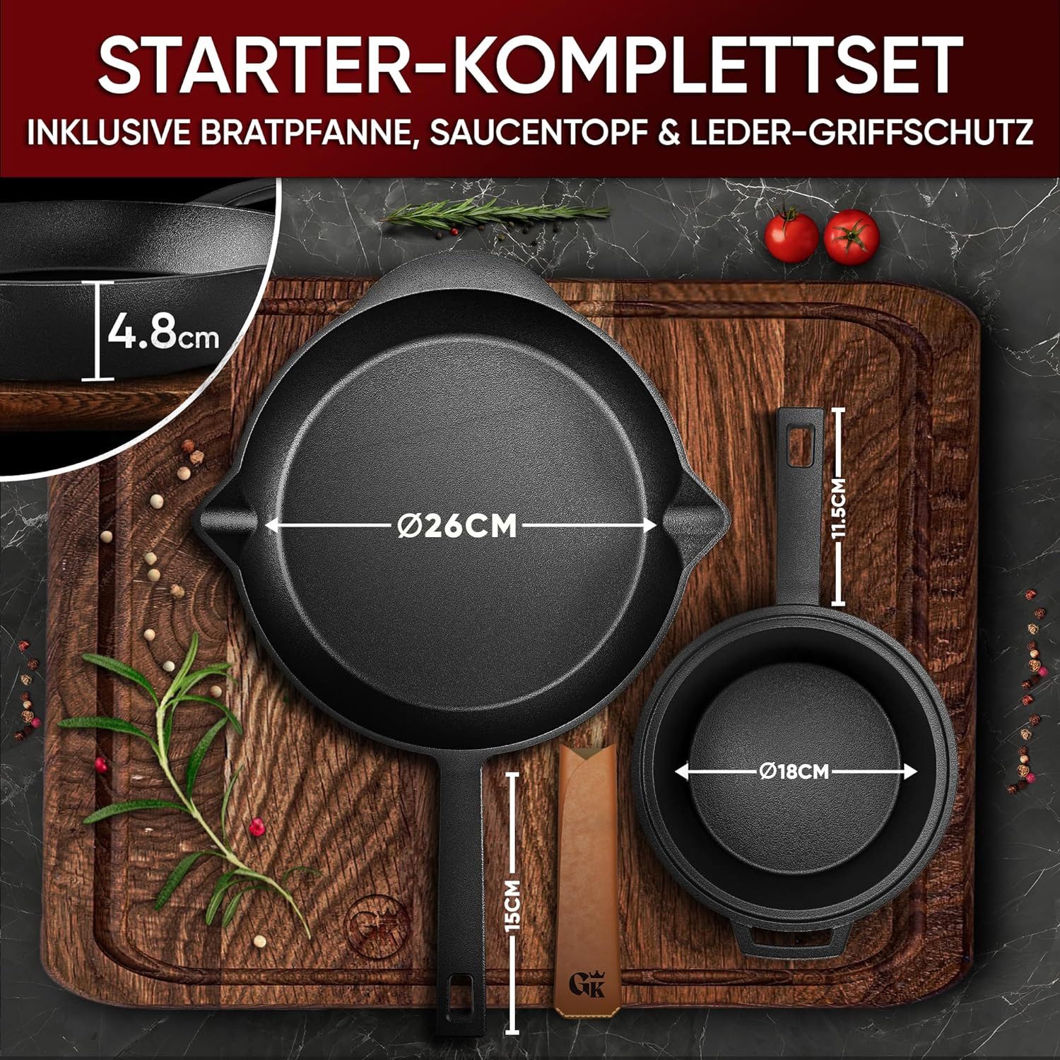 GUSSKÖNIG Schmortopf GUSSKÖNIG Dutch Oven Set 8 teilig Topf Set inkl. Rezeptbuch