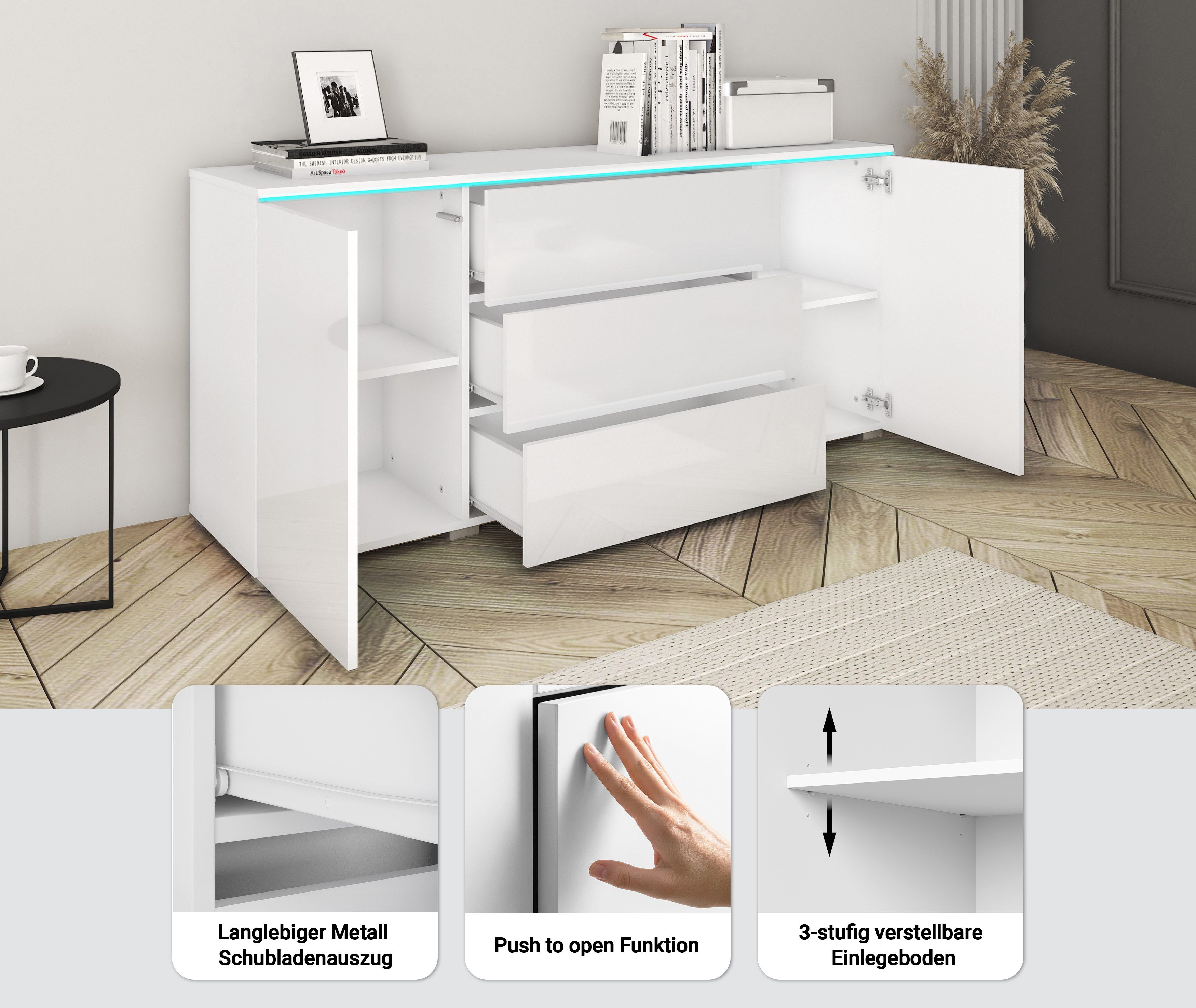 Home affaire Sideboard VERA, grifflos, verstellbare Einlegeböden, Wahlweise mit oder ohne Beleuchtung