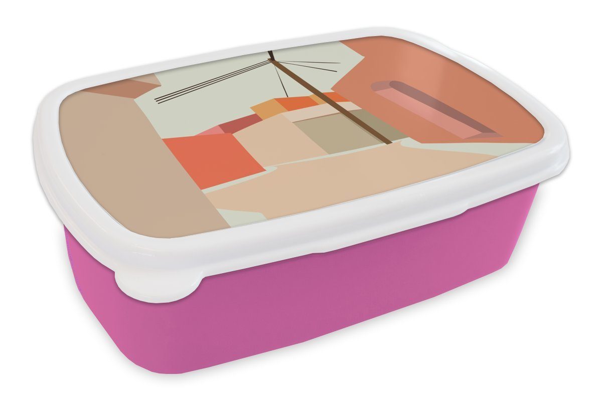 MuchoWow Lunchbox Stromkabel - Haus - Sommer - Pastell, Kunststoff, (2-tlg), Brotbox für Erwachsene, Brotdose Kinder, Snackbox, Mädchen, Kunststoff rosa