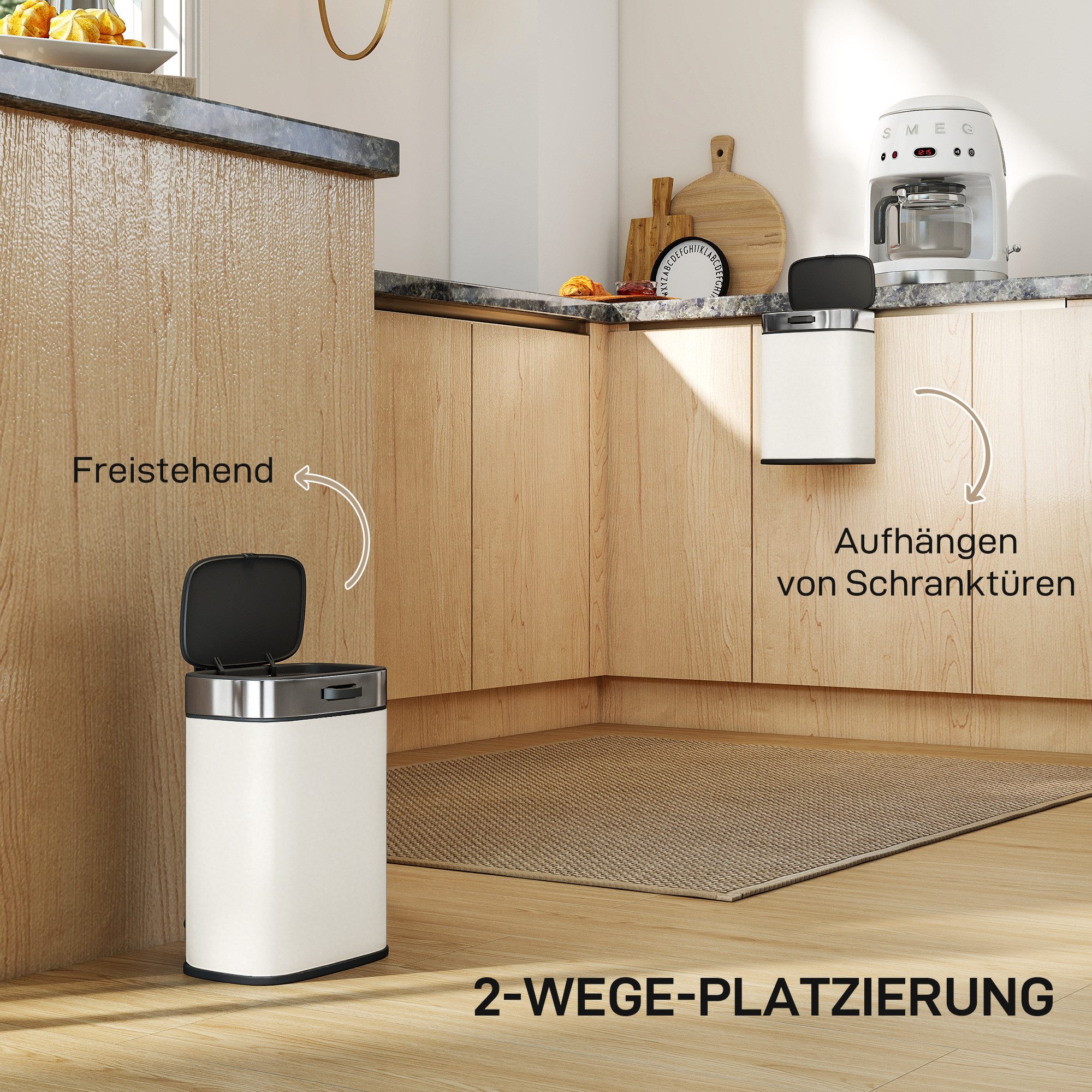 HOMCOM Mülltrennsystem Mülleimer Hängend mit Druck-Öffnen Feststelldeckel, Edelstahl, für Küchenschranktür, unter der Spüle, Schlafzimmer, Büro, Cremeweiß – Bild 4 von 5