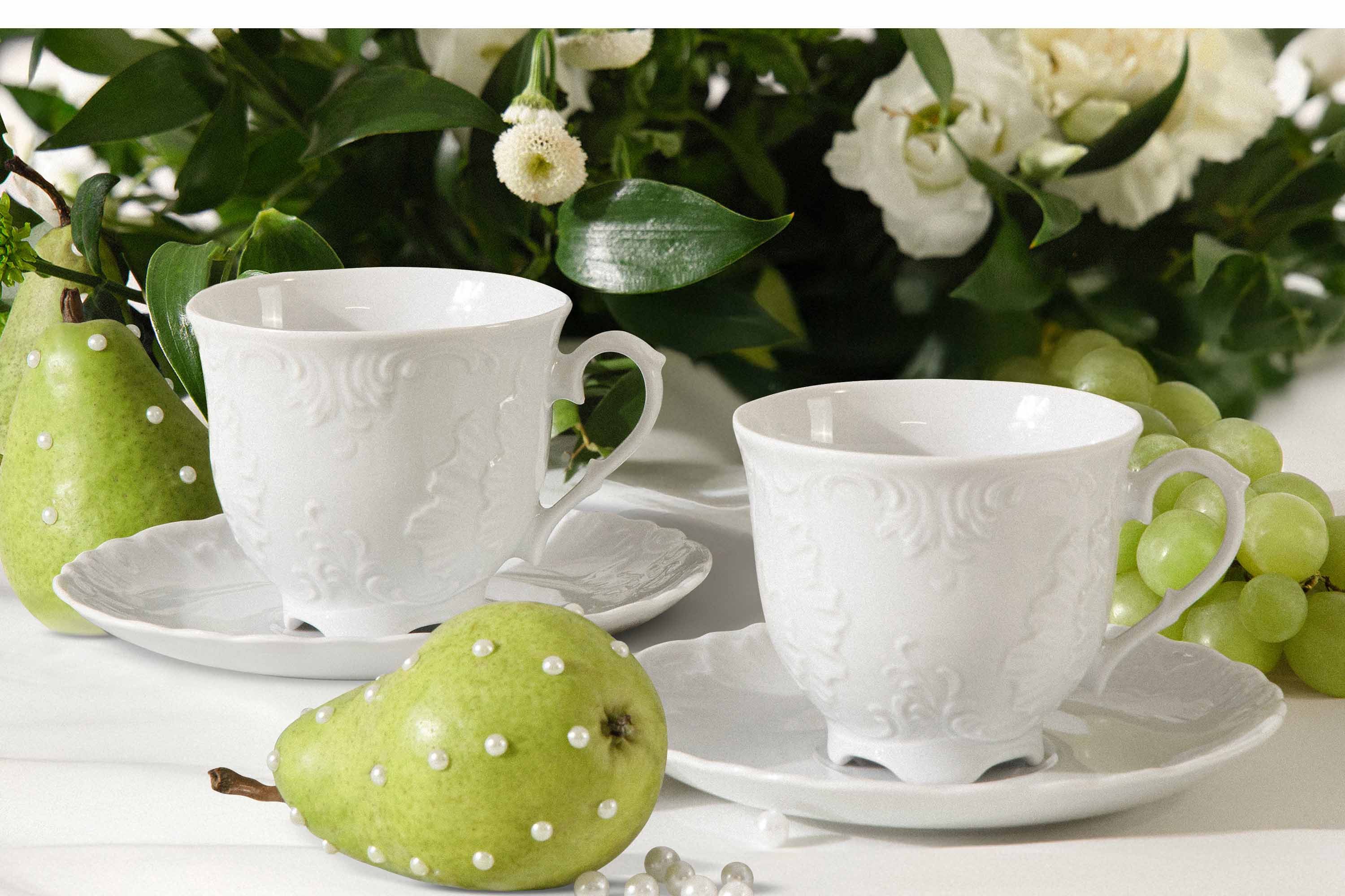 KONSIMO® Kaffeeservice CMIELOW ROCOCO Kaffeetassen-Set für 2 Personen (4-tlg), 2 Personen, Porzellan, spülmaschinengeeignet, mikrowellengeeignet, mit eleganten Verzierungen