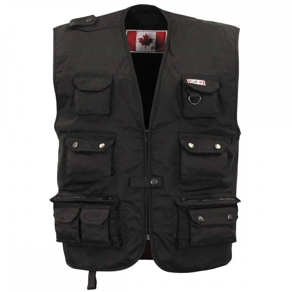 MFH Anglerweste Outdoor Weste, schwarz, schwere Ausführung - M große aufgesetzte Rückentasche mit seitlichem Reißverschluss