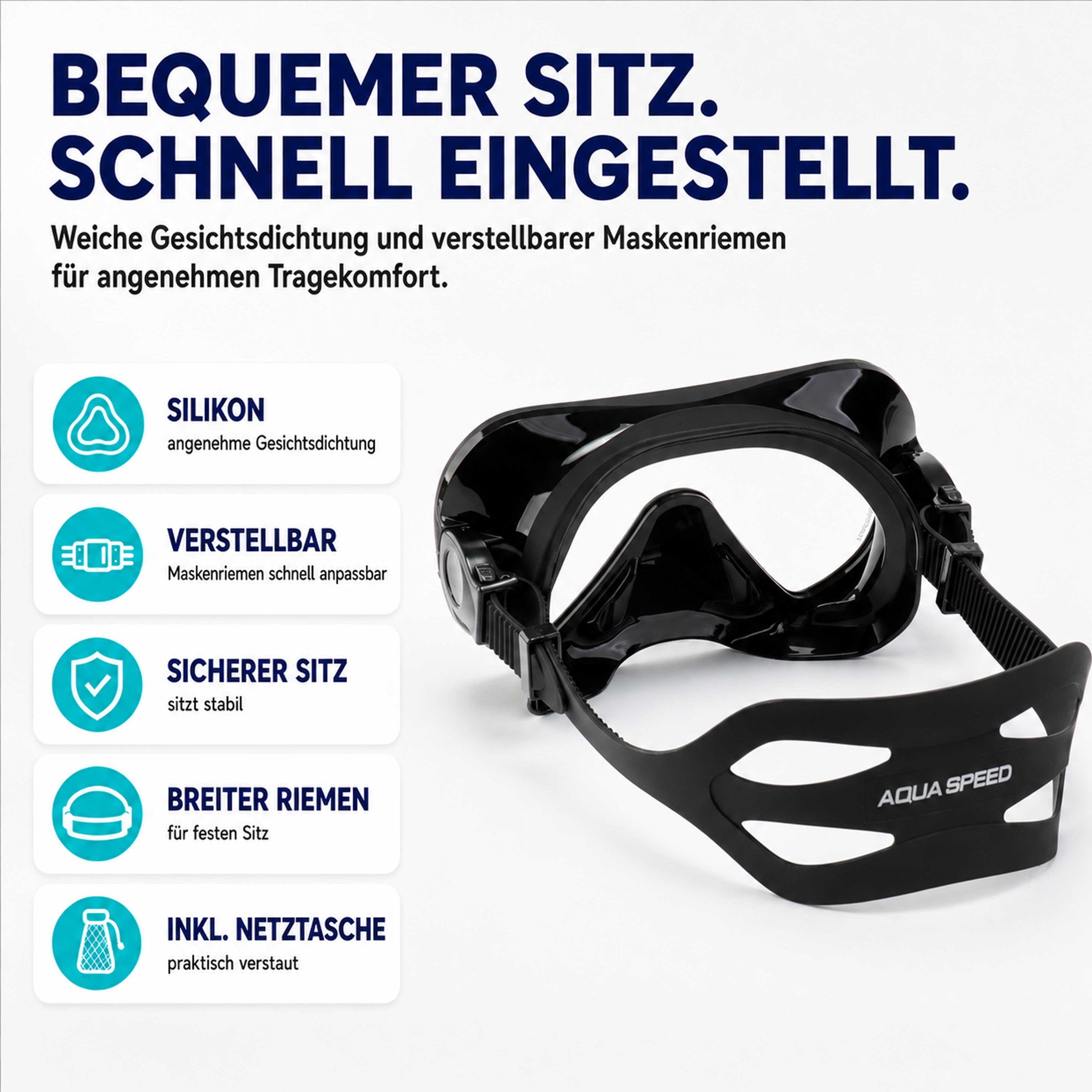 Aqua Speed Schnorchel Carprera & Elba Tauchmaske und Schnorchel Set, Taucher Set (Schwimmmaske mit gehärtetem Glas), Taucherbrille Stoffband Einzellinse – Bild 4 von 5
