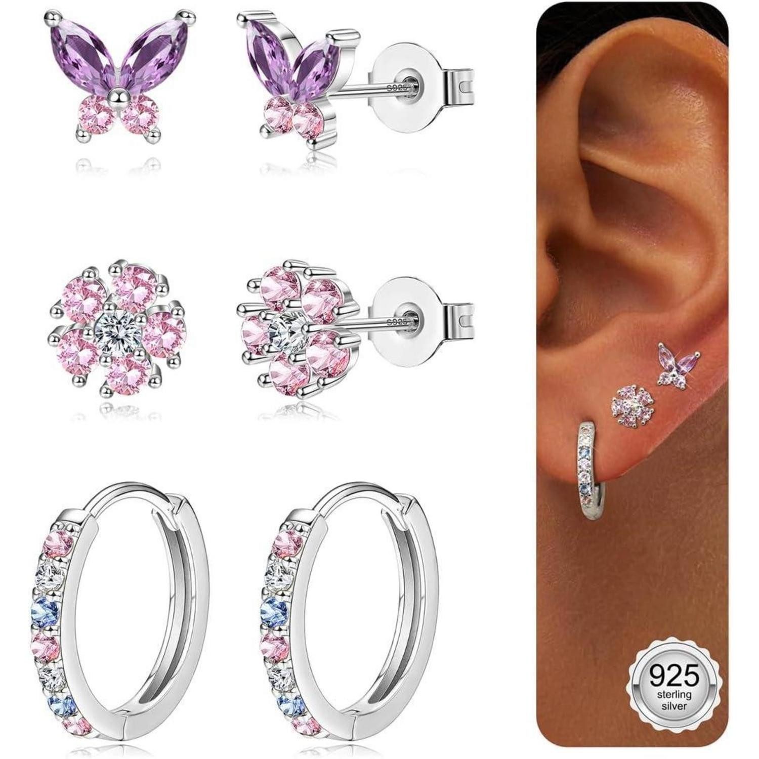 LuxusKollektion Ohrring-Set 3 Paar Ohrringe Set Silber Gold Ohrstecker Creolen 925 Pfosten