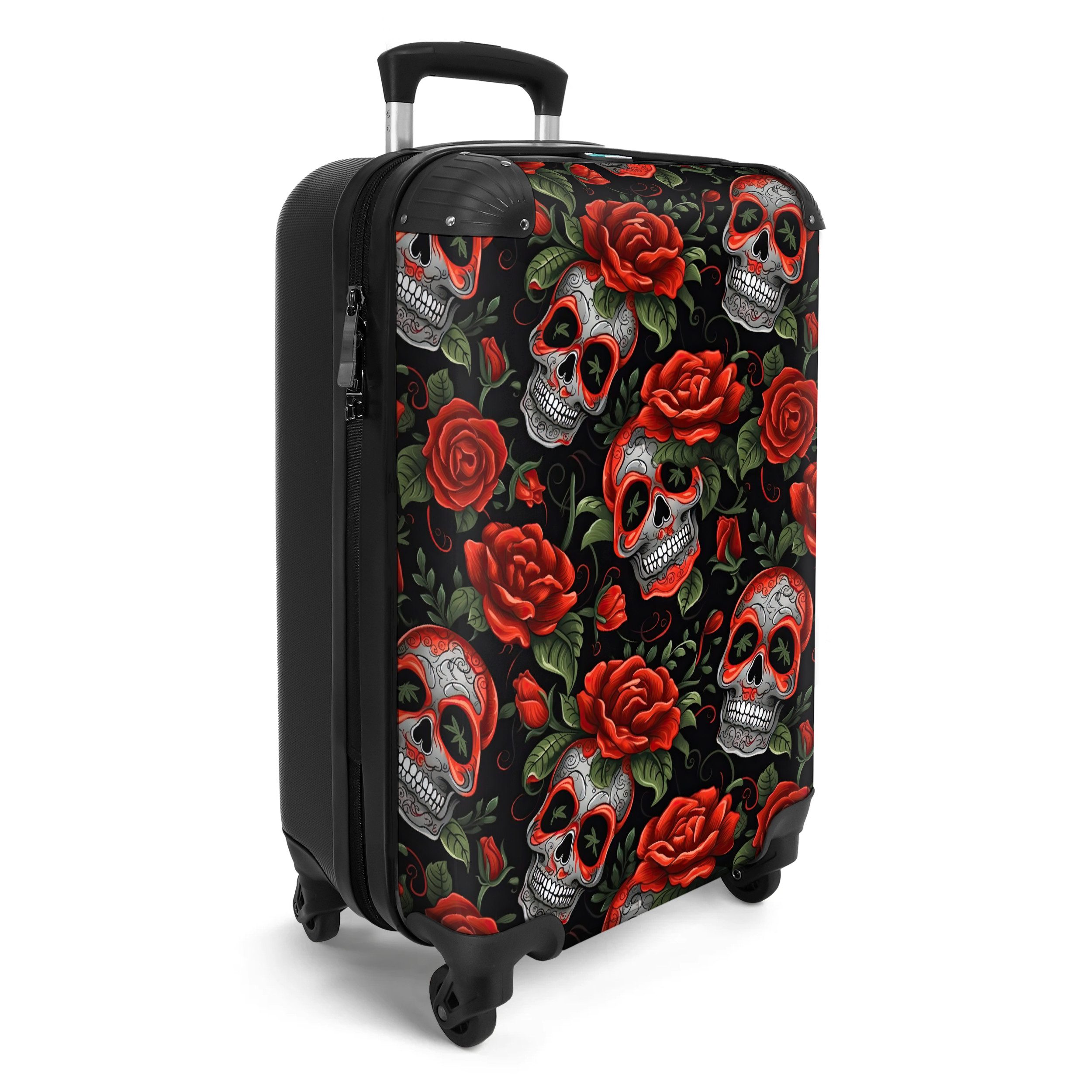 NoBoringSuitcases.com© Hartschalen-Trolley Totenkopf - Rosen - günstig online kaufen