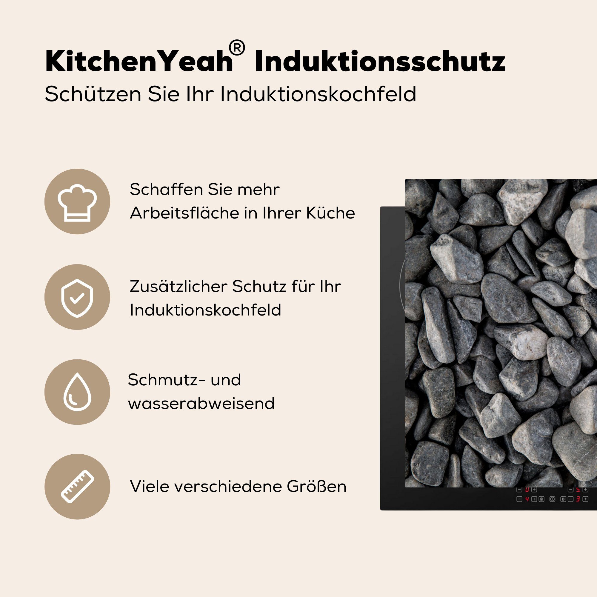 Vinyl, Kies, Grau - Herdblende-/Abdeckplatte Ceranfeldabdeckung Induktionsschutz, (1 Steine 59x51 cm, MuchoWow Induktionskochfeld, - tlg),