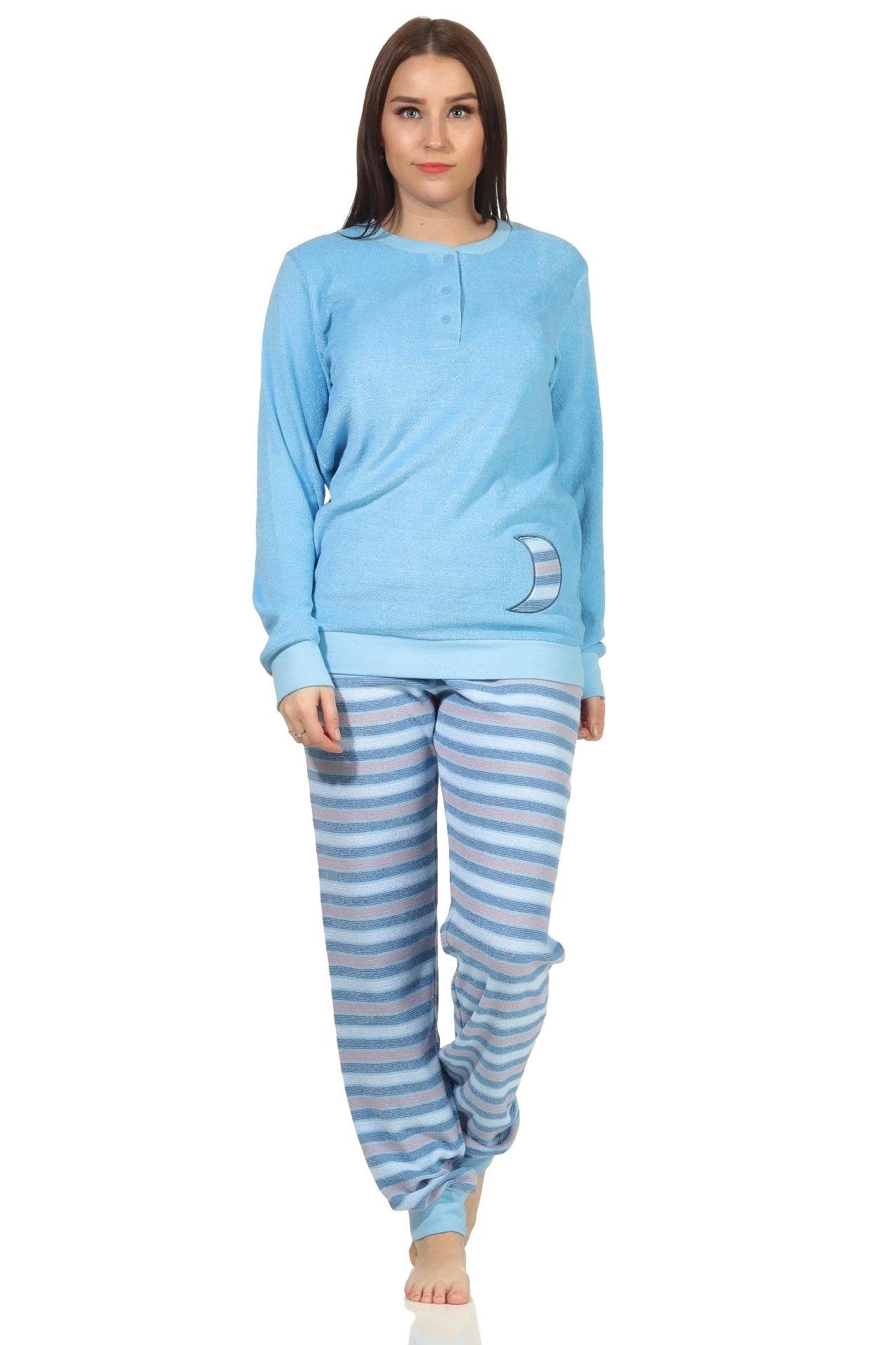 Creative by Normann Pyjama Damen Frottee Schlafanzug mit Bündchen Hose gestreift FALSCH hellblau