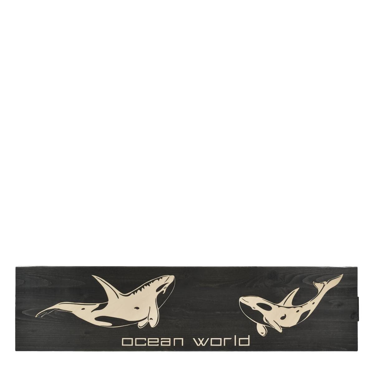 Raumzutaten Holzbild "Ocean World" 80x20cm Ozeanwelt, Orcas, Wandbild aus Holz, Farbe: ebenholz, Silhouetten: Orcas