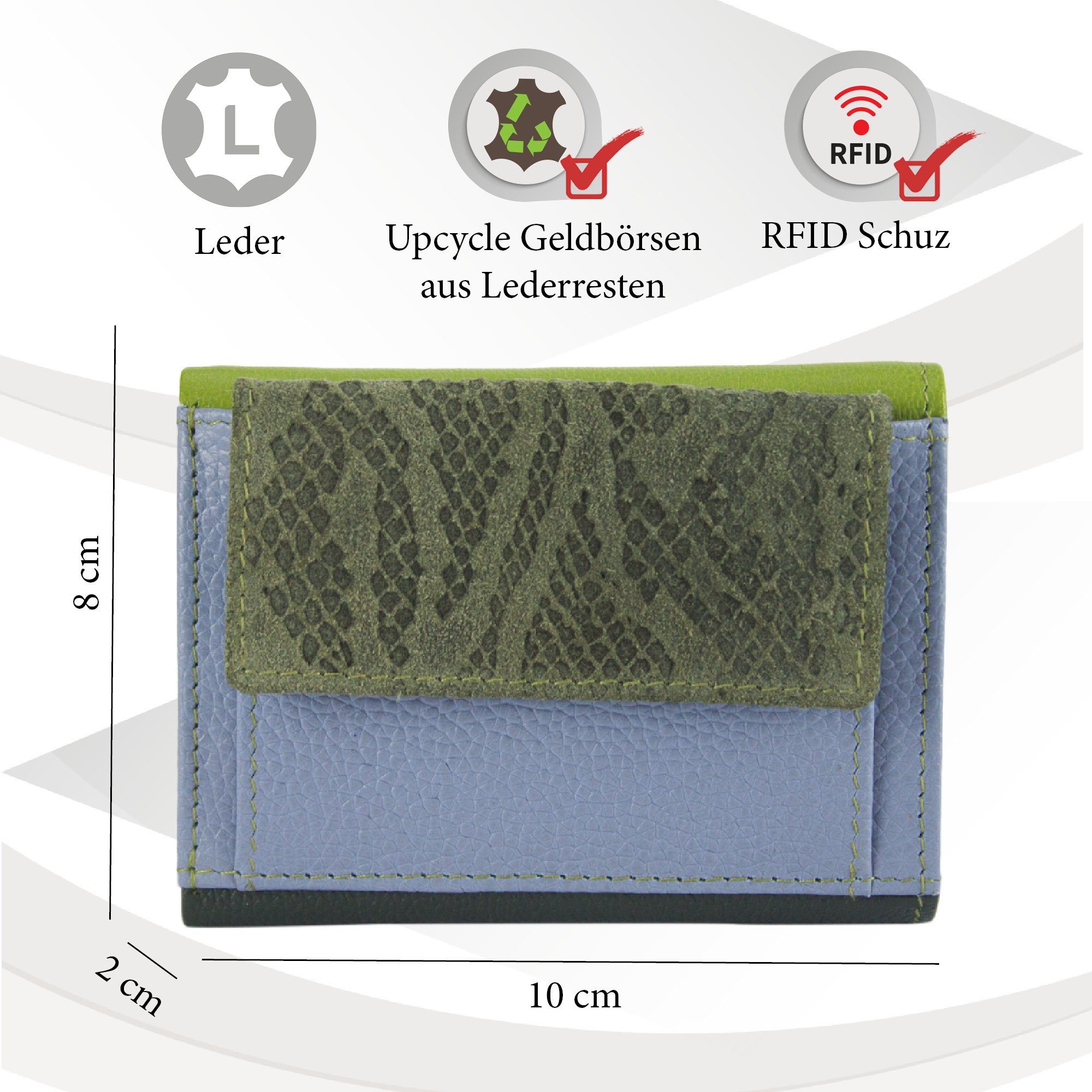 Sunsa Mini Geldbörse Mini klein Geldbeutel Brieftasche, recycelten Khakigrün/hell Geldbörse echt Leder grün RFID-Schutz, blau/kiwi Lederresten, Portemonnaie Unisex Leder, aus mit