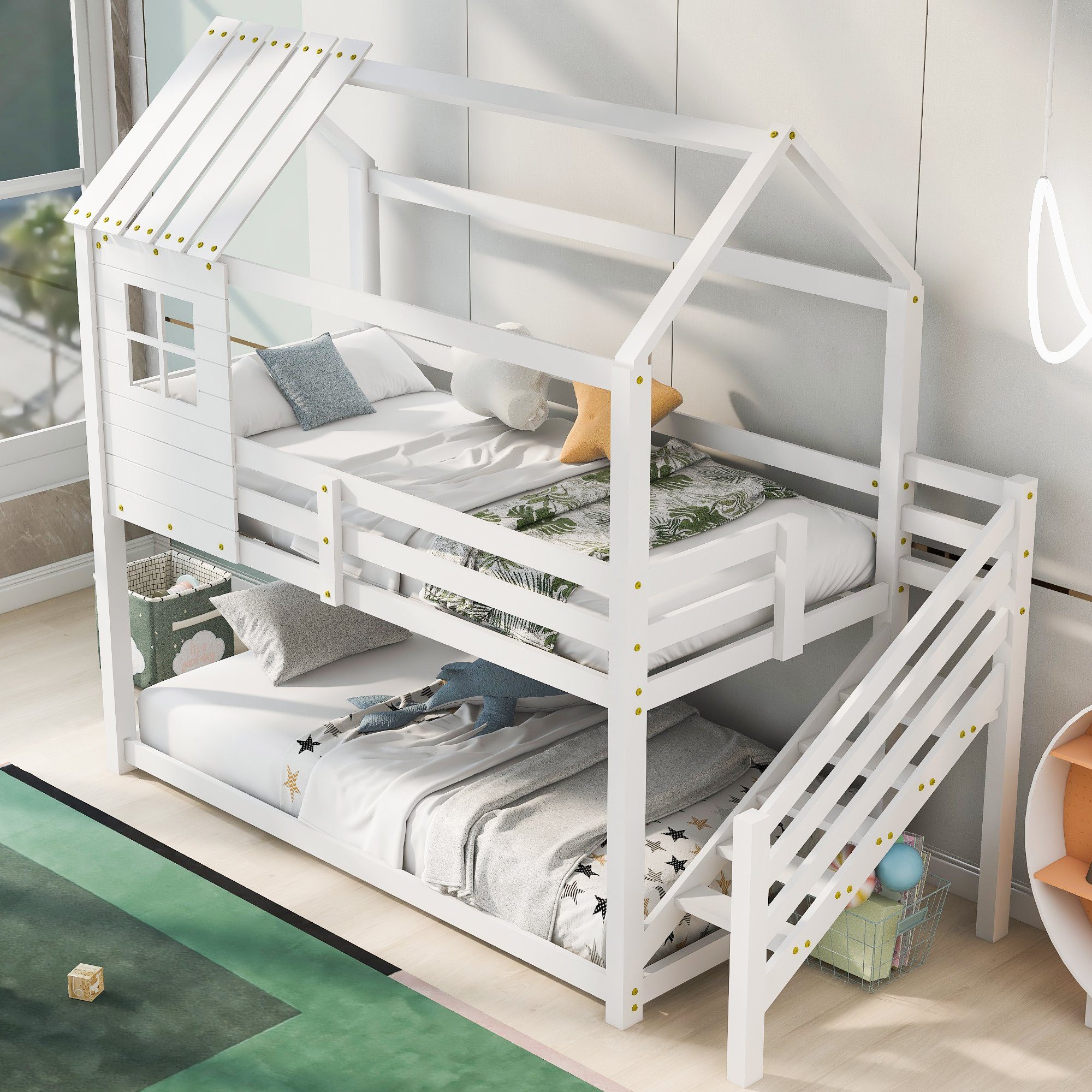 Kinderbett Kiefer Ulife | 90x200cm Treppe Fenster, aus Weiß Weiß Etagenbett Hausbett mit Weiß Hochbett mit
