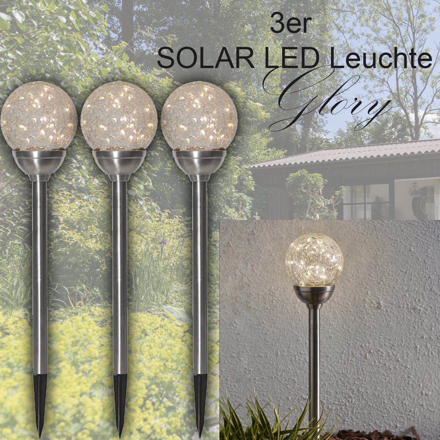 STAR TRADING Ø mit LED Solarleuchte 12 fest Kugel, SOLAR-Stäbe 3er Set Warmweiß, 45 cm, "Glory" LED Sensor integriert, x silber, H Tag/Nacht