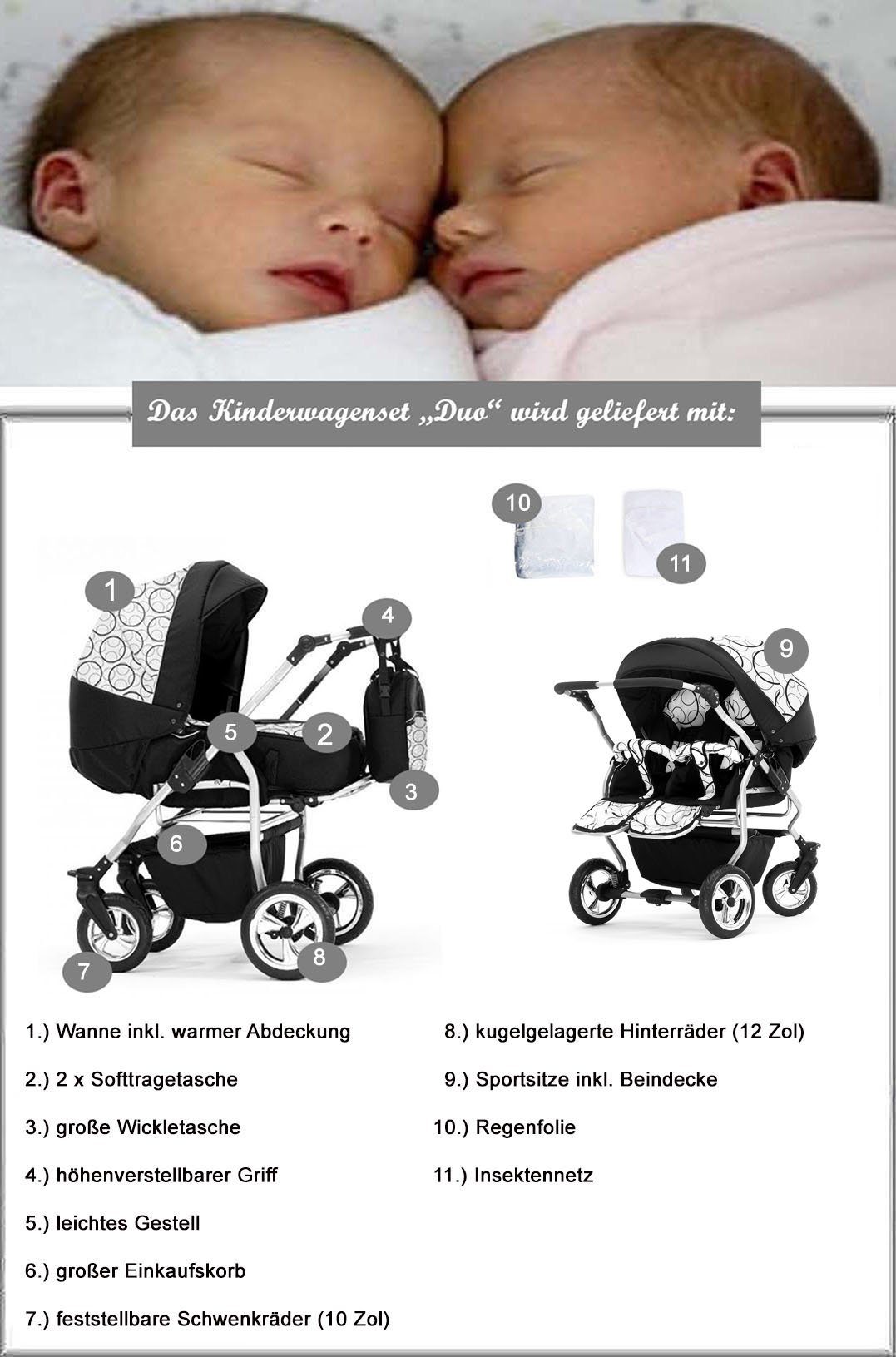 Kinder Kinderwagen Elcar Geschwisterwagen Zwillingskinderwagen 2 in 1 Duo - 11 Teile - von Geburt bis 4 Jahre in 38 Farben