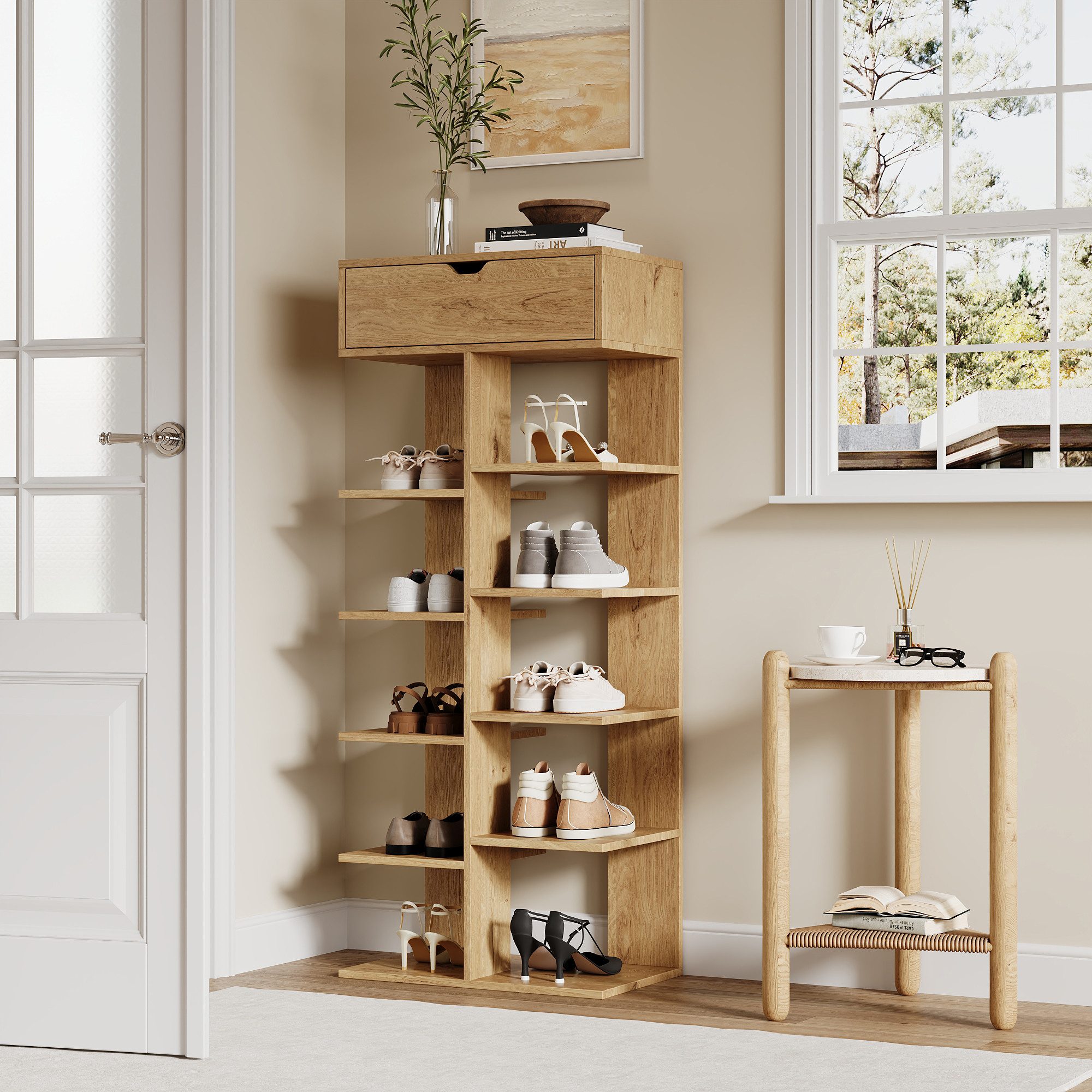 Flieks Schuhregal multifunktionaler Schuhschrank mit 1 Schublade und 10 Ablagefächern, B55xH133XT33 cm 1-tlg., Standregal Bücherregal platzsparend, 10 Ebenen, Holzoptik Natur