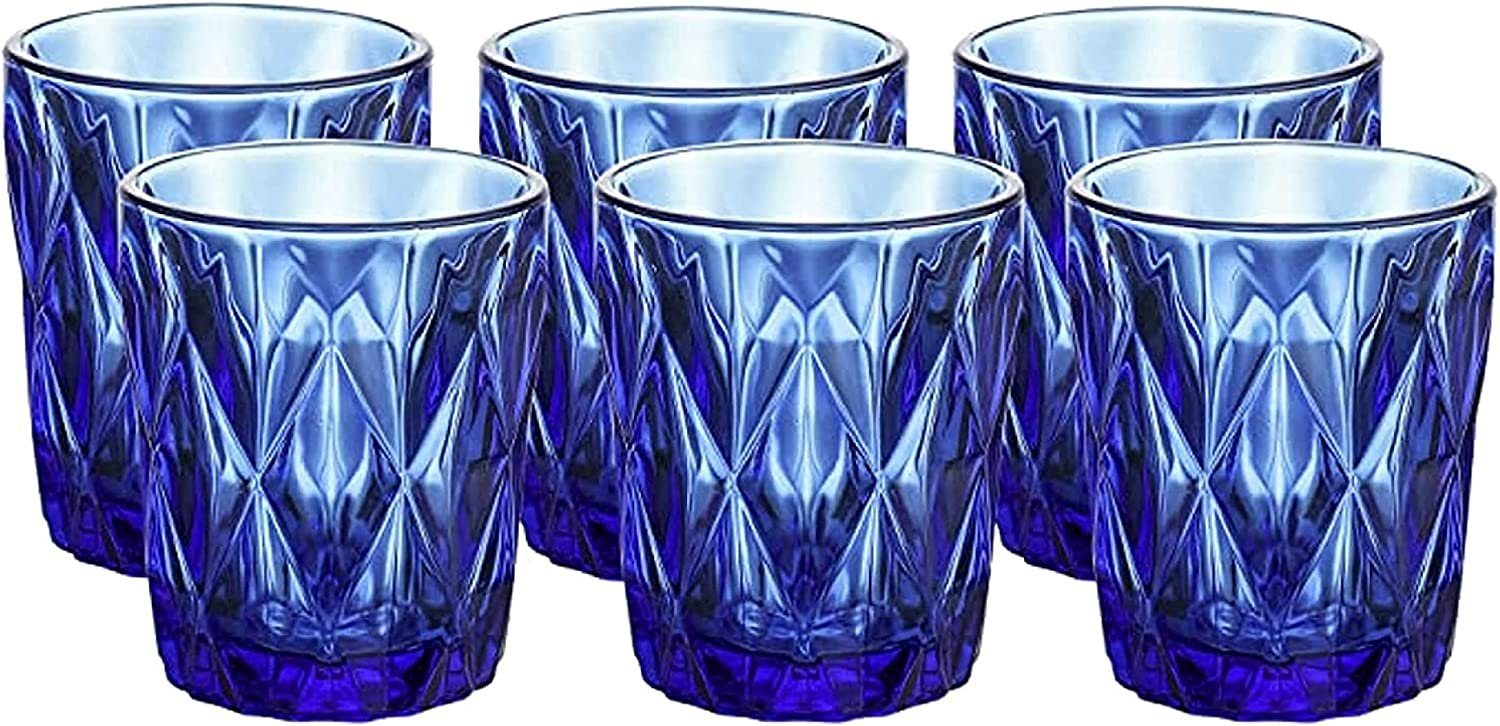 Whole Housewares Gläser-Set Farbige Trinkgläser Wassergläser kobaltblau Diamantmuster 6er set, Kobaltblau 2 1glas