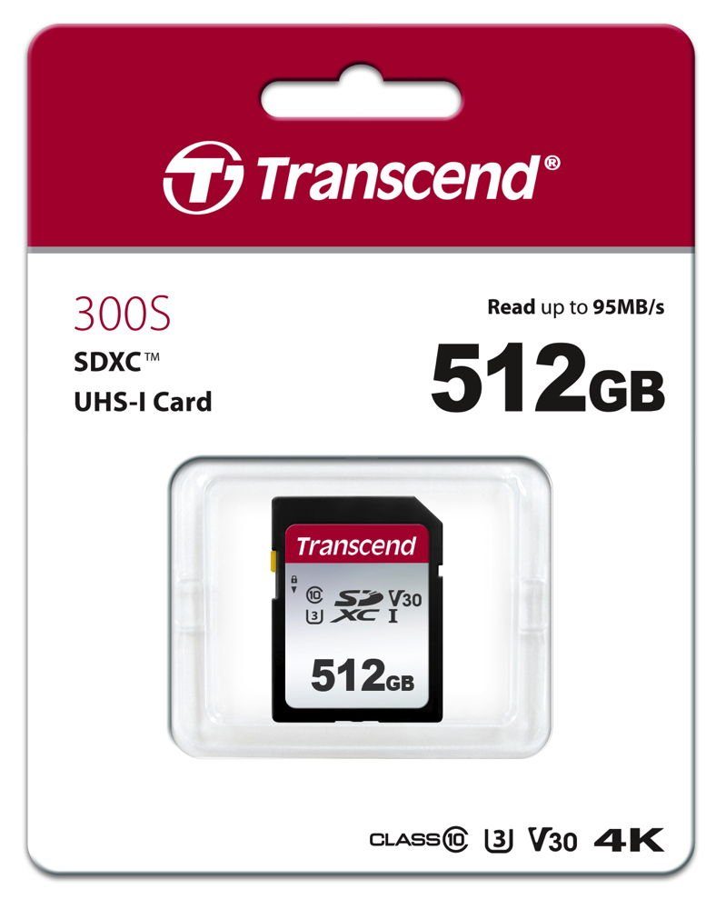 Transcend SDXC Karte 512GB Speicherkarte 300S UHS-I U3 4K V30 Class 10 Speicherkarte