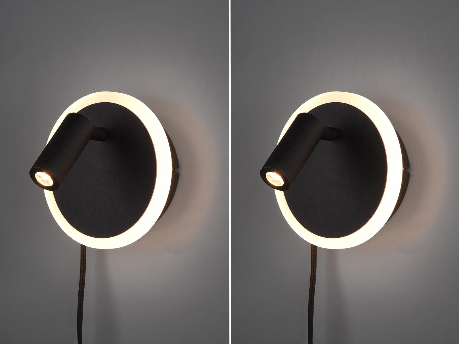 TRIO Leuchten LED Leselampe, LED fest integriert, Warmweiß, 2er Set innen mit Stecker und Schalter Leselampe schwenkbar Bett Ø15cm
