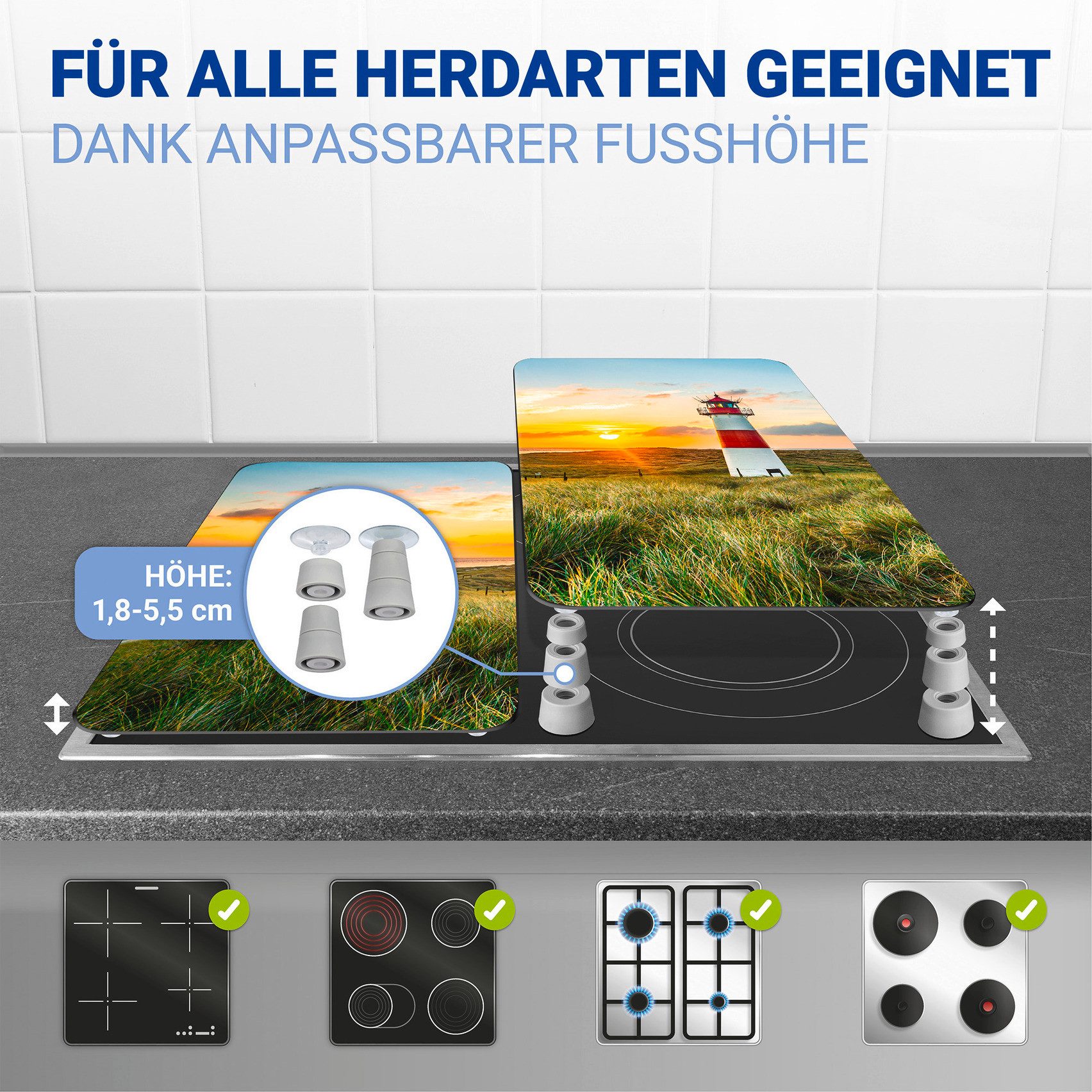WENKO Herd-Abdeckplatte Universal Modell Leuchtturm, Glas, (Set, 2 tlg), Herdabdeckung für alle Herdarten, kratzfest, mit rutschfesten Füßen