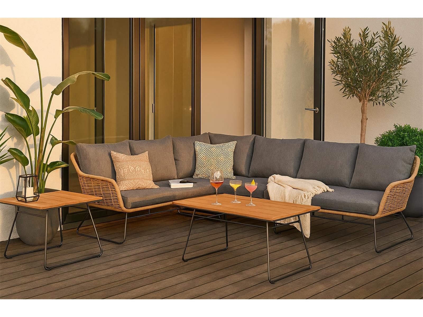 Green Spirit Gartenlounge-Set »Monaco« Lounge Set Rattan Ecklounge Loungemöbel Gartenmöbel Gruppe, (Set, 6-tlg., Teakholz-Tischplatte), Polyrattan, grau, 5 Personen, wetterfest, Garten, Terrasse, Outdoor