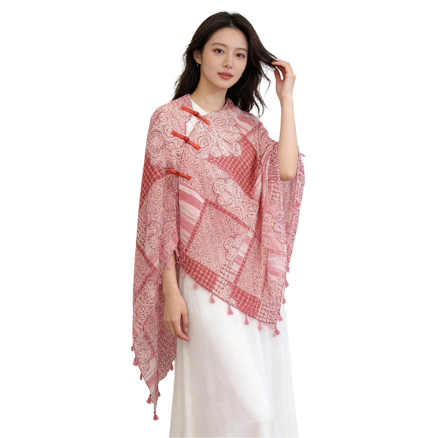 Refttenw Poncho Damen Boho Schal,Umhang,Schultertuch,mit Fransen,Knöpfen,atmungsaktiv