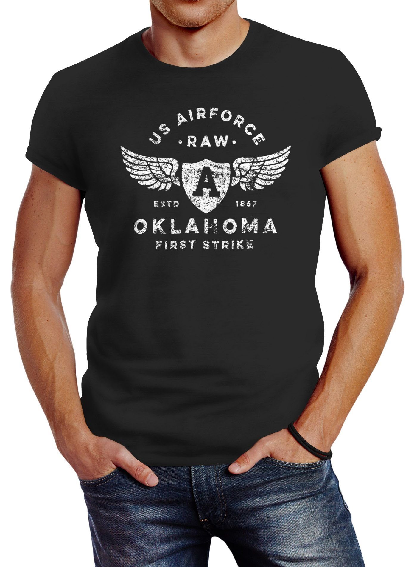 Print Airforce Neverless® Print US Herren T-Shirt mit Oklahoma Aviator schwarz Neverless Print-Shirt Vintage-Shirt