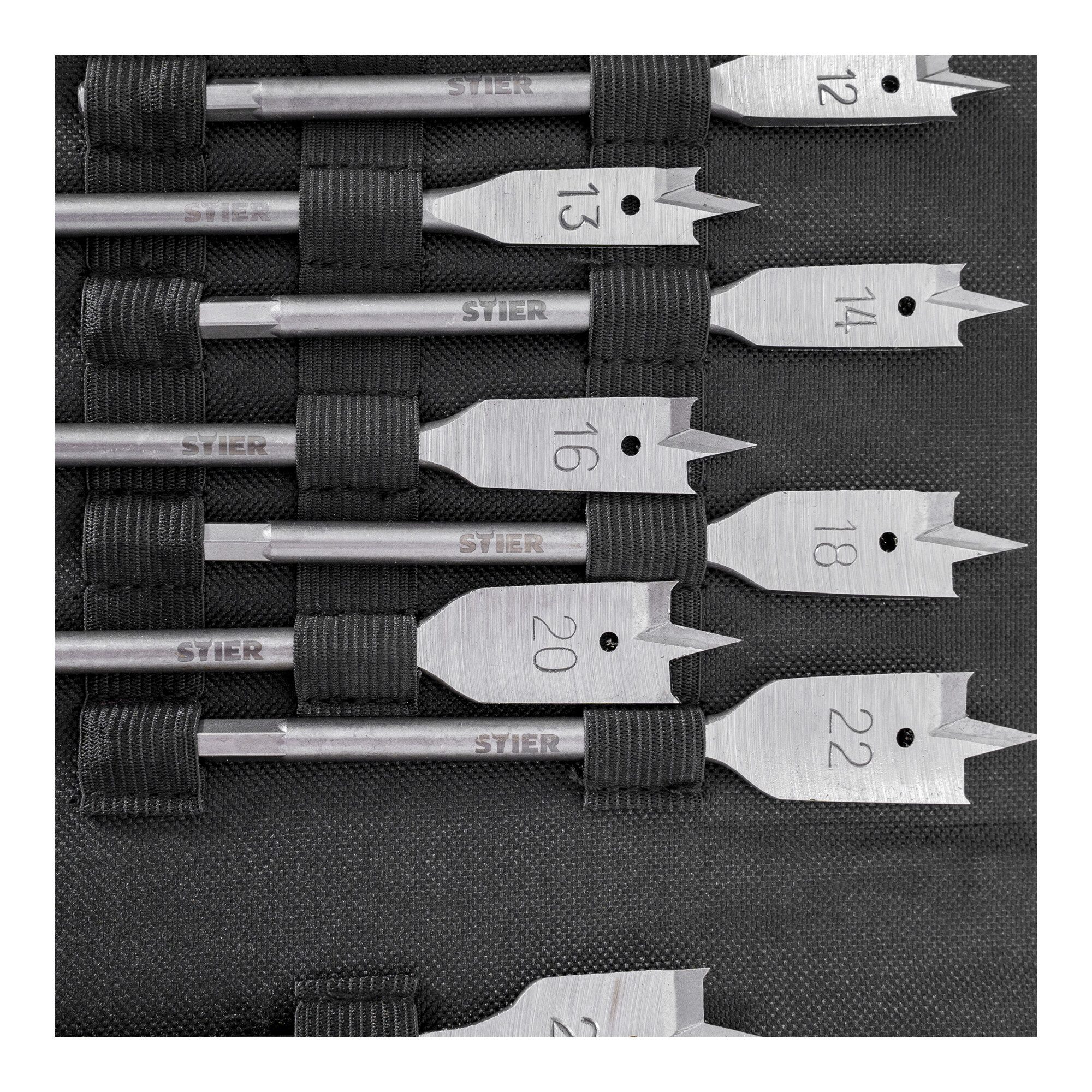 Stier Holzbohrer STIER Flachfräsbohrer 13-teiliges Set 10 - 32 mm 1/4 Zoll griffbereit