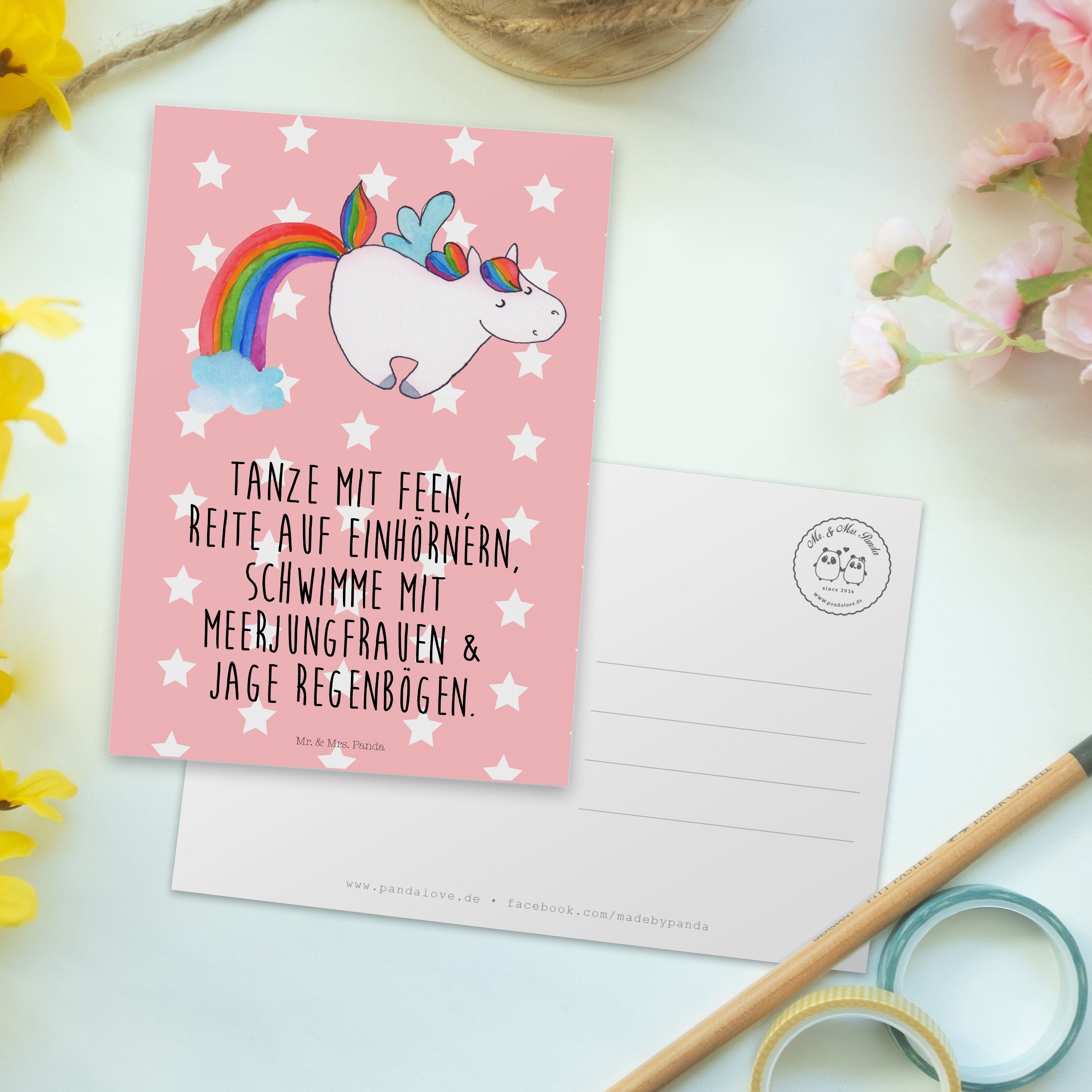 Mr. & Pastell Postkarte - Geburtstagskart Mrs. Einhorn Panda Geschenk, Regenbogen, Rot - Pegasus