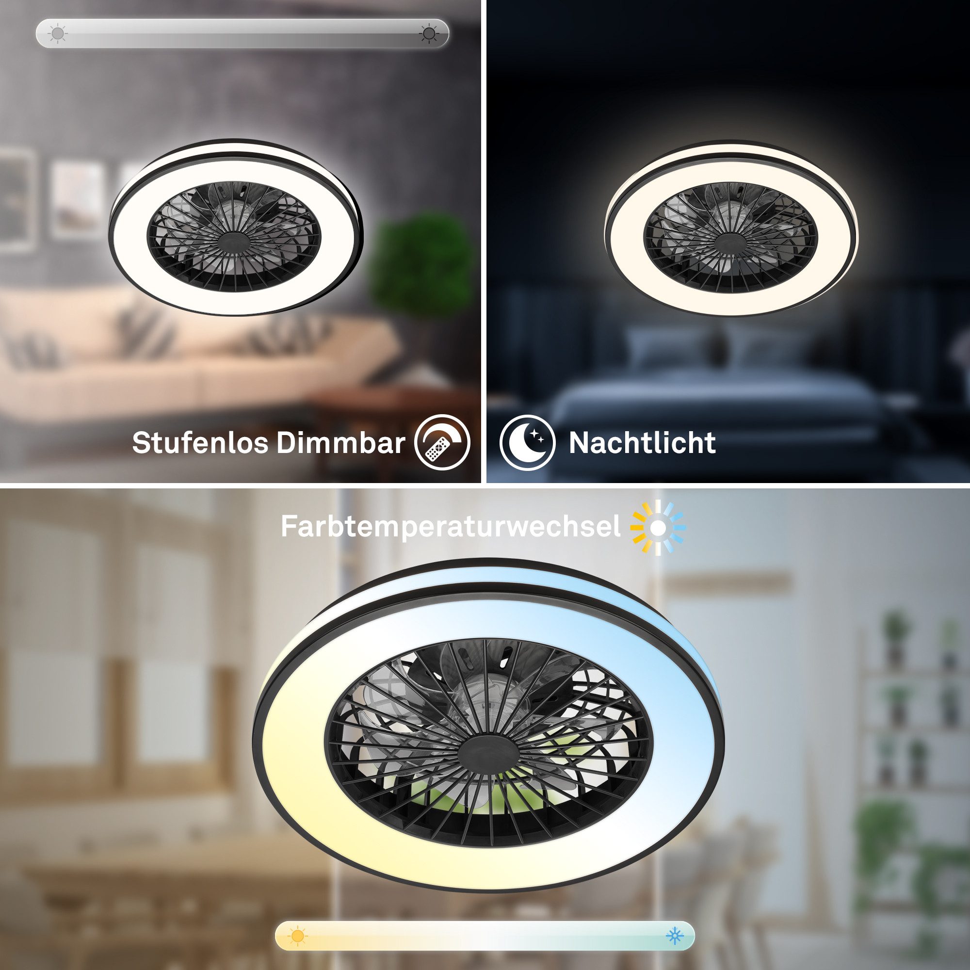 OTTO home Deckenleuchte CCT Deckenleuchte mit Ventilator Vivienna, CCT - über Fernbedienung, Dimmfunktion, Farbsteuerung, Memoryfunktion, Nachtlichtfunktion, Timerfunktion, Ventilatorfunktion, LED fest integriert, Deckenventilator mit Licht, 48,5x14,5 cm, 49Watt, Schlafzimmer