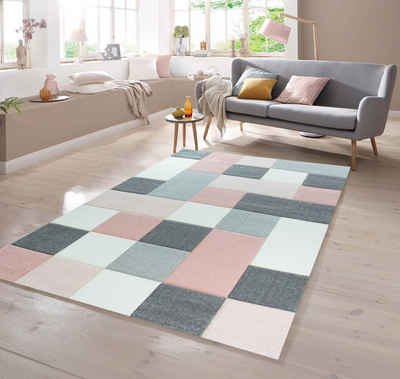 Teppich Moderner Teppich mit Karo Muster in Rosa Grau Creme, TeppichHome24, rechteckig