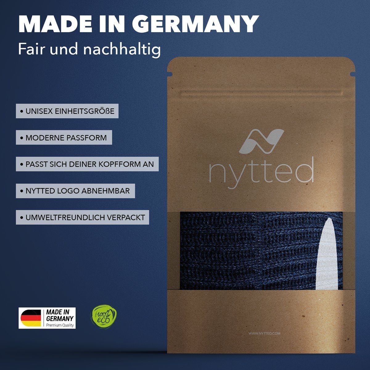 NYTTED® für 100% - dunkelblau Damen - Germany Merino-Wolle Strickmütze Wintermütze in - Made & Herren