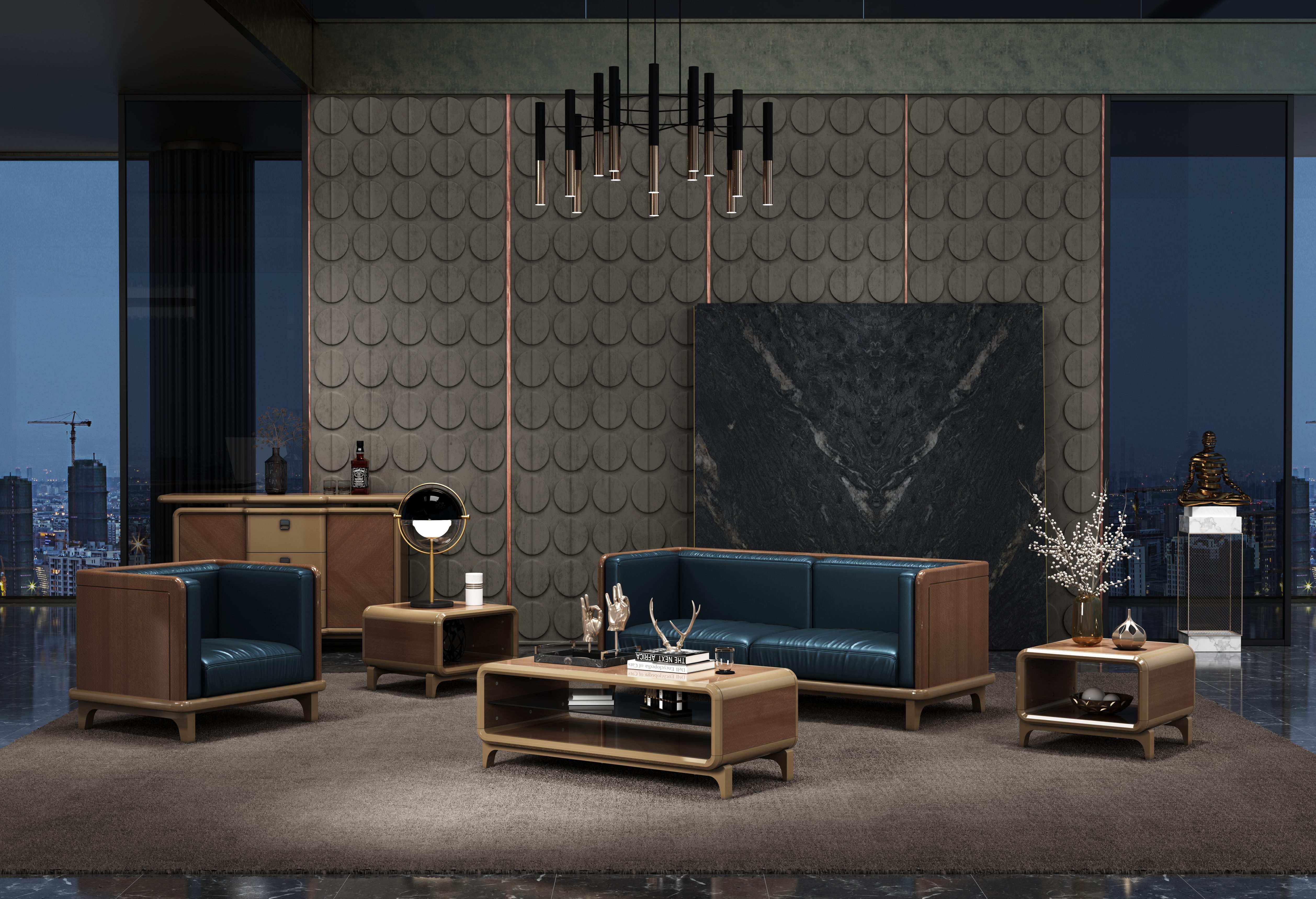 JVmoebel Polstergarnitur Kunstledersofa Dunkelblau mit Holzrahmen und Armlehnen, (2-tlg)