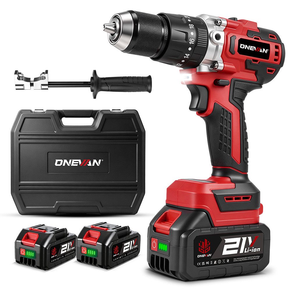 ONEVAN Akku-Schlagbohrschrauber 720 Nm Bohrmaschine mit 2 x 4000 mAh Akkus, Bürstenloser Antrieb, max. 3200 U/min, geeignet zum Hammerbohren, Bohren & Schrauben