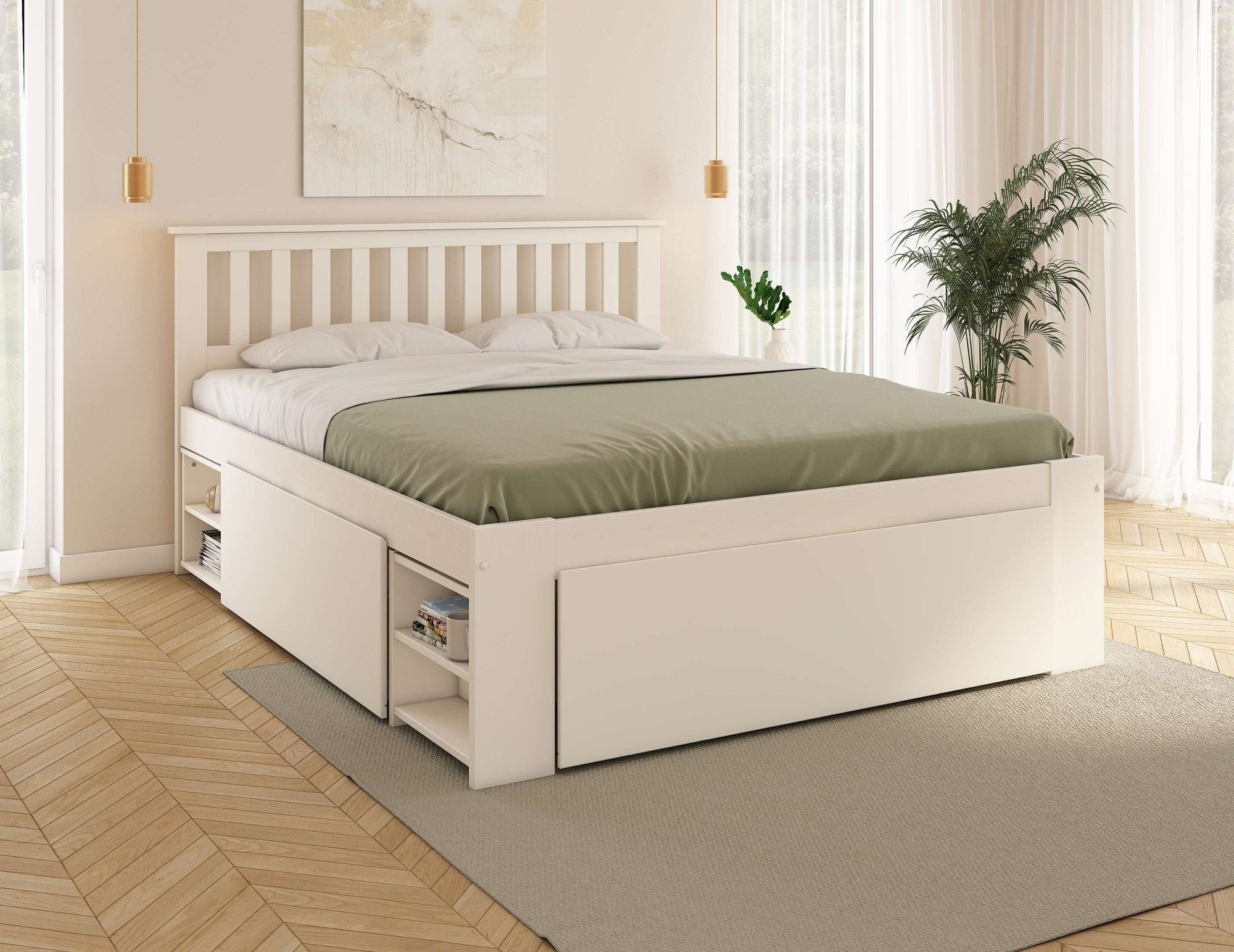 OTTO home Massivholzbett Kallvin, maximaler Stauraum, 3 Bettkästen, Nachtschränke ausziehbar (Liegefläche 160cm), inklusive Lattenrost, ideal fürs Jugendzimmer und kleine Räume, FSC®