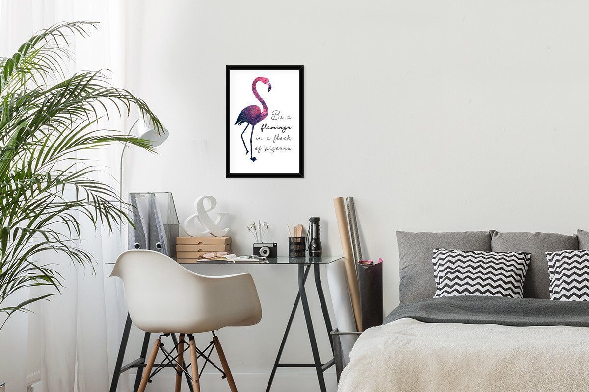 MuchoWow Poster Flamingo - Glitzer Gerahmtes Bilder, Wanddeko, Schwarzem Wandposter, - St), (1 Rosa, Bilderrahmen Poster