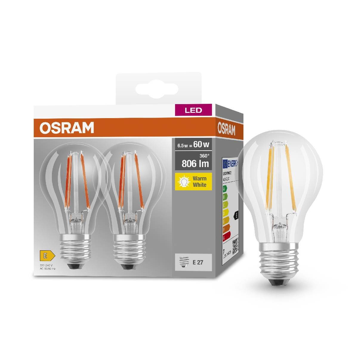 Osram LED-Leuchtmittel Osram 2x LED Glühbirne BASE CLASSIC A 60 6,5W = 60W E27 806lm 2700K