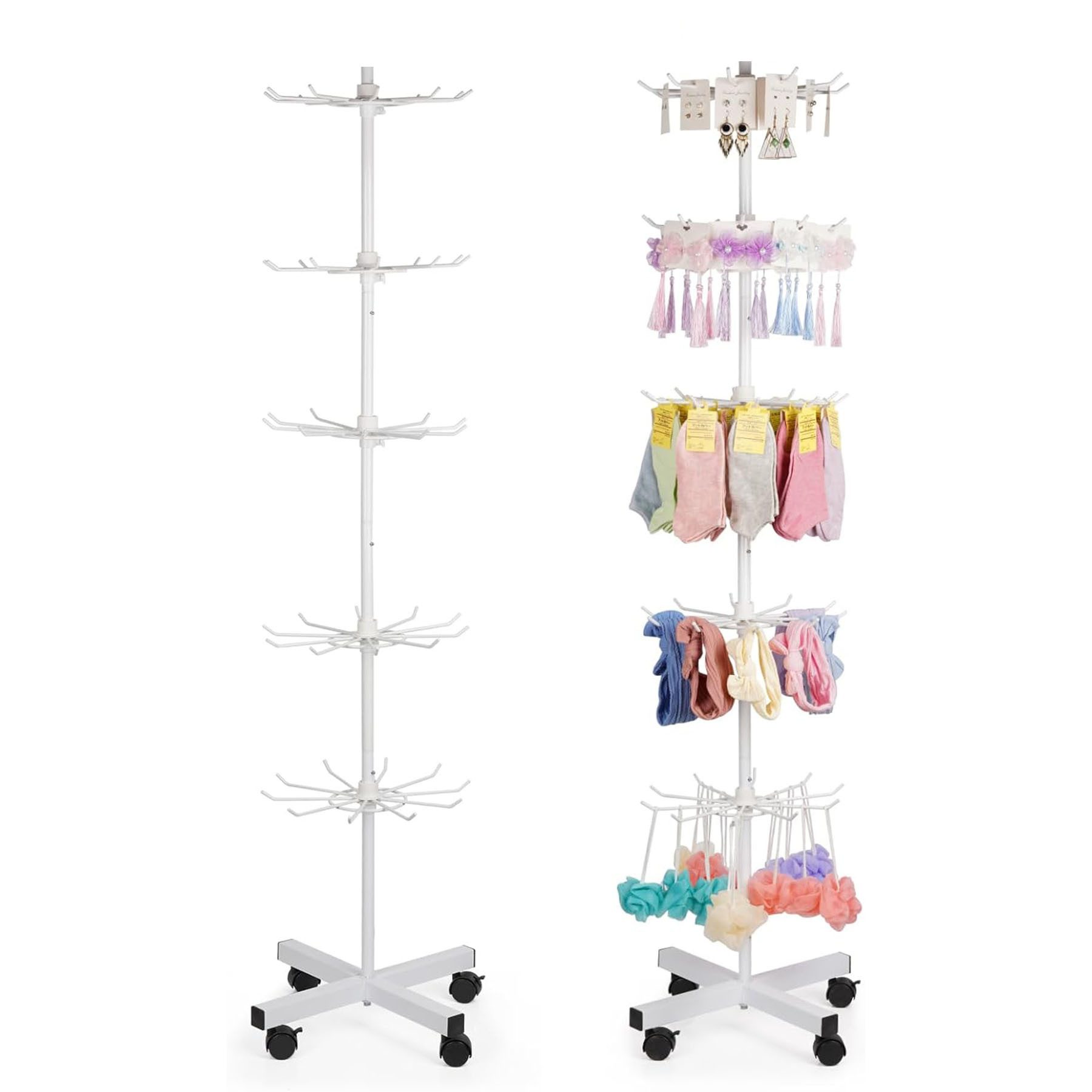 Keyura Schmuckständer Display-Ständer Metall 5/7-stöckiges Multifunktionales Drehgestell (Metallständer zum Aufhängen von Schals, Hüten, Schmuck und mehr, Mit vier Rädern beweglich, platzsparend und vielseitig einsetzbar), Baumförmig mit 10 Haken pro Ebene, höhenverstellbar und 360° drehbar