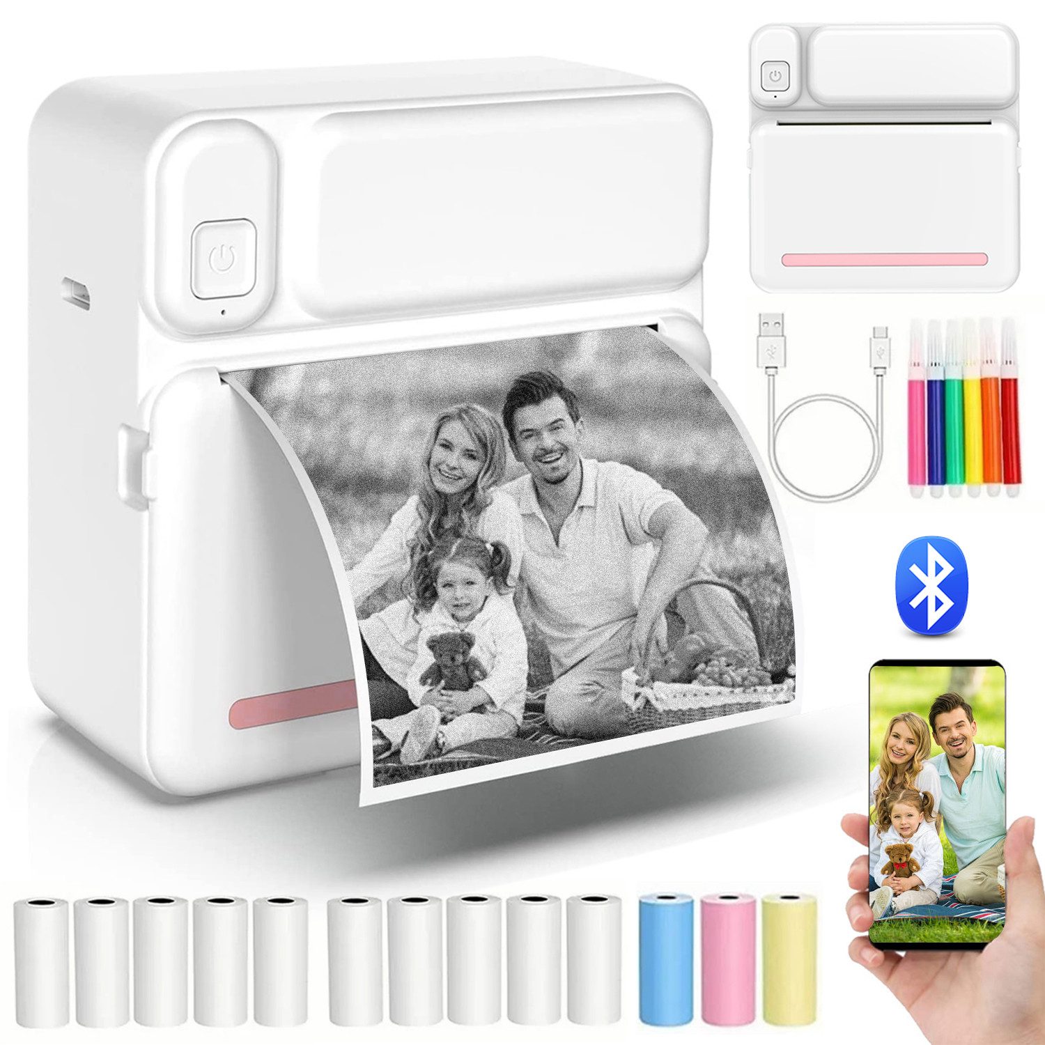 MOPUEA Thermodrucker Kompatibel für iOS Android Etikettendrucker Bluetooth Etikettendrucker, (Bluetooth-Fotodrucker, WLAN (Wi-Fi),Blau Mini-Drucker, mit 6 Farbstift, 5 Druckpapier, 5 selbstklebendes Thermopapier, 3 Farbdruckpapier)