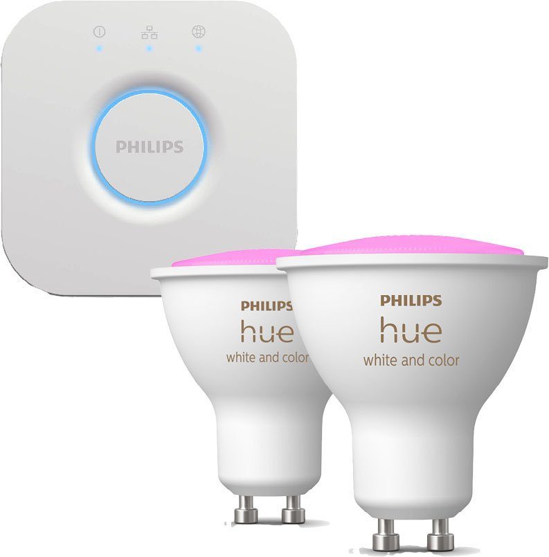 Philips Hue LED-Leuchtmittel White & Color Amb., GU10, Farbwechsler, Starter-Set, Philips Hue Bridge, Netzteil, Ethernet-Netzwerkkabel