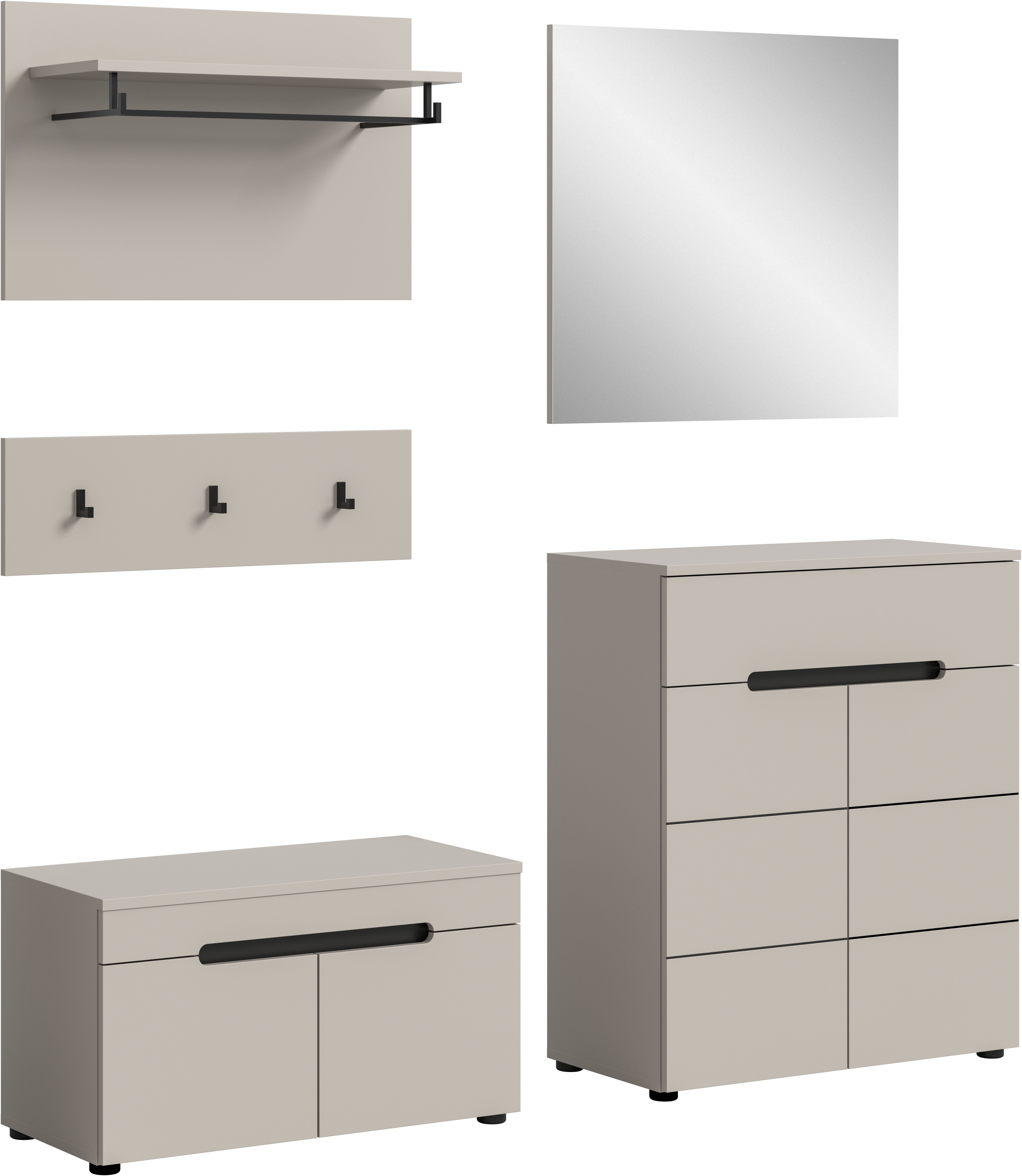 Home affaire Garderoben-Set REHAT, TOPSELLER!, 5-teilig, Breite 175cm, individuell stellbar, (Set, 4-St., bestehend aus: Sitzbank, Paneel, Hakenleiste, Spiegel, Kommode), Garderobenkombination, Kombination, Set, Flurgarderobe, Diele