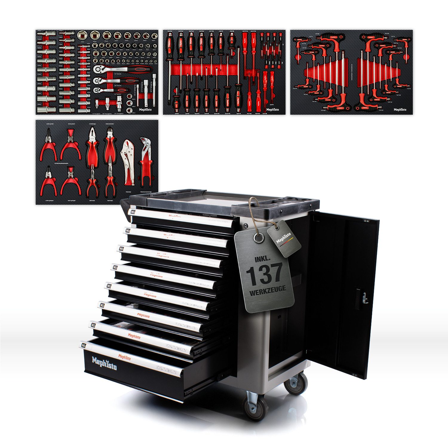Mephisto-Tools Werkzeugwagen, (fertig montiert und bestückt), Schubladen abschließbar und bis je 35 kg belastbar, 2 Schlüssel inkl.