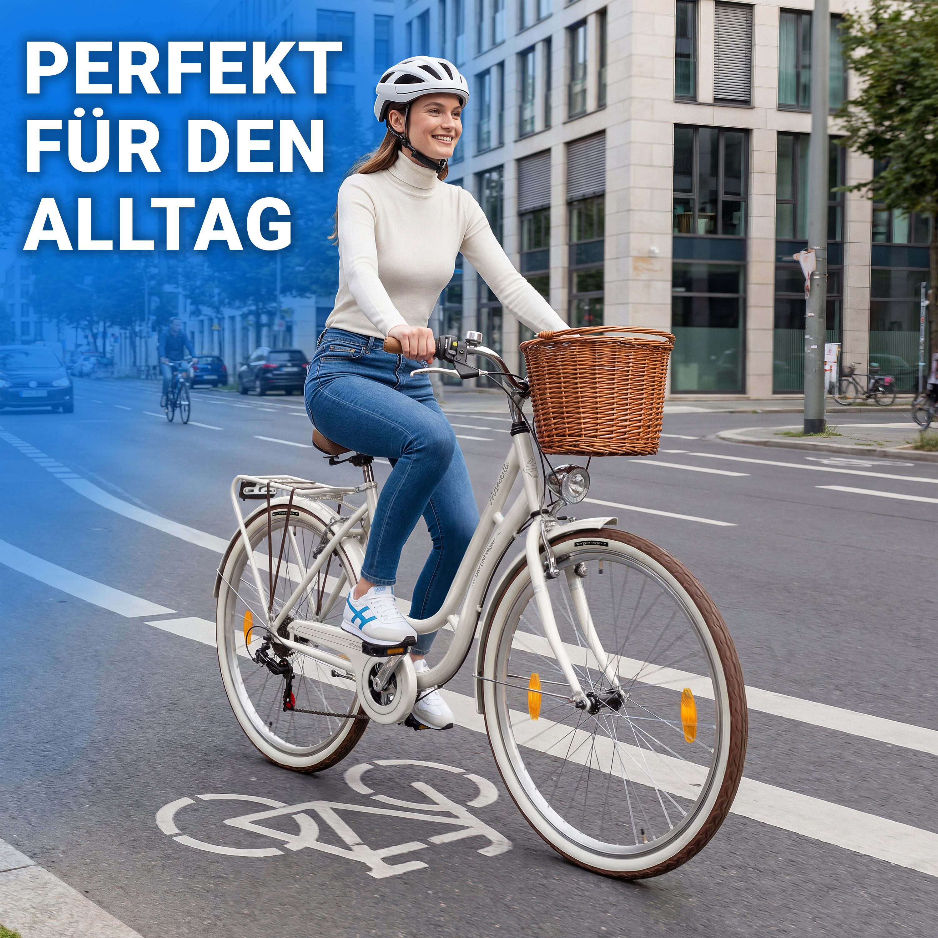 bergsteiger Cityrad Marseille 26 Zoll, 28 Zoll Damenfahrrad, ab 150 cm, Korb aus Rattan, 6 Gang, Kettenschaltung, V-Bremsen – Bild 4 von 5