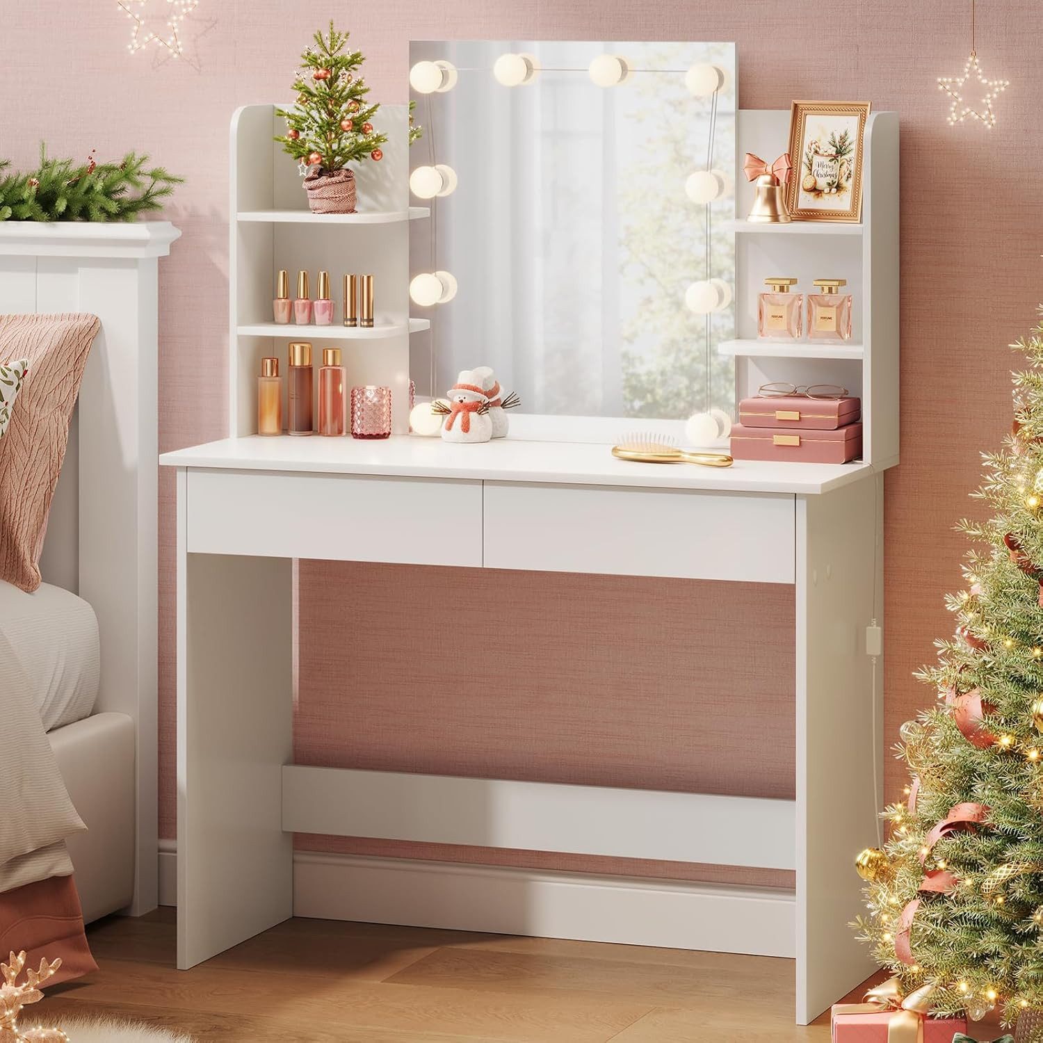 Woltu Schminktisch (1-St), Weiß, mit LED-Beleuchtung Hollywood, mit Spiegel