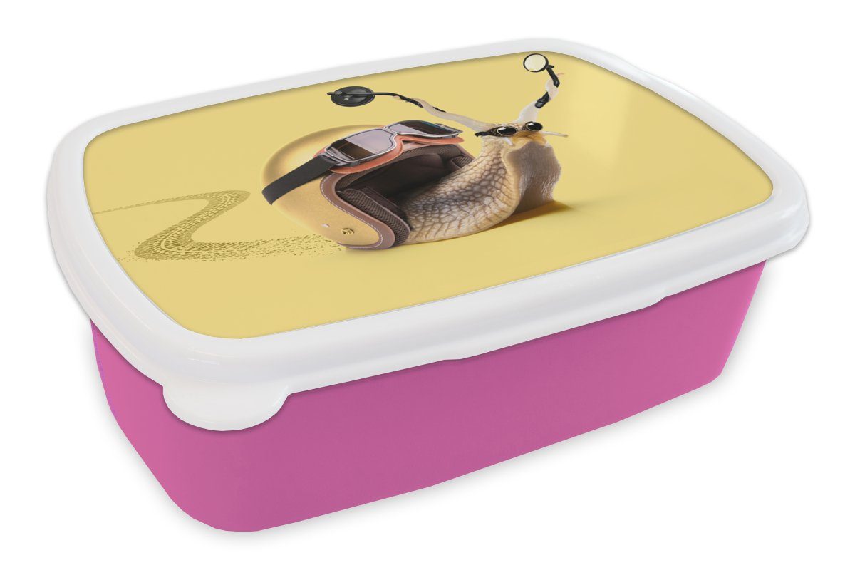 MuchoWow Lunchbox Schnecke - Tiere - Helm - Gelb - Spiegel, Kunststoff, (2-tlg), Brotbox für Erwachsene, Brotdose Kinder, Snackbox, Mädchen, Kunststoff rosa