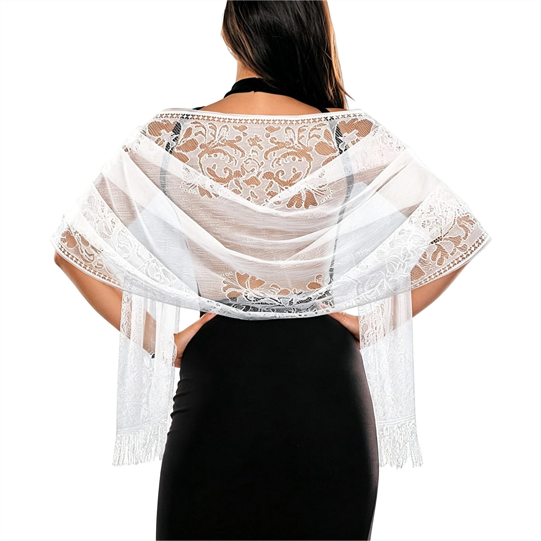 Mutig Modeschal Modeschal Spitze Stola für Damen, weiches Lace Schultertuch Scha, (Festlicher Spitzenschal mit Quasten, elegantes Umschlagtuch, leichtes Schultertuch, Soft Chiffontuch, 185× 65 cm), Für Sommer Abendkleid Schal Abend Party Mesh Hochzeit Schals