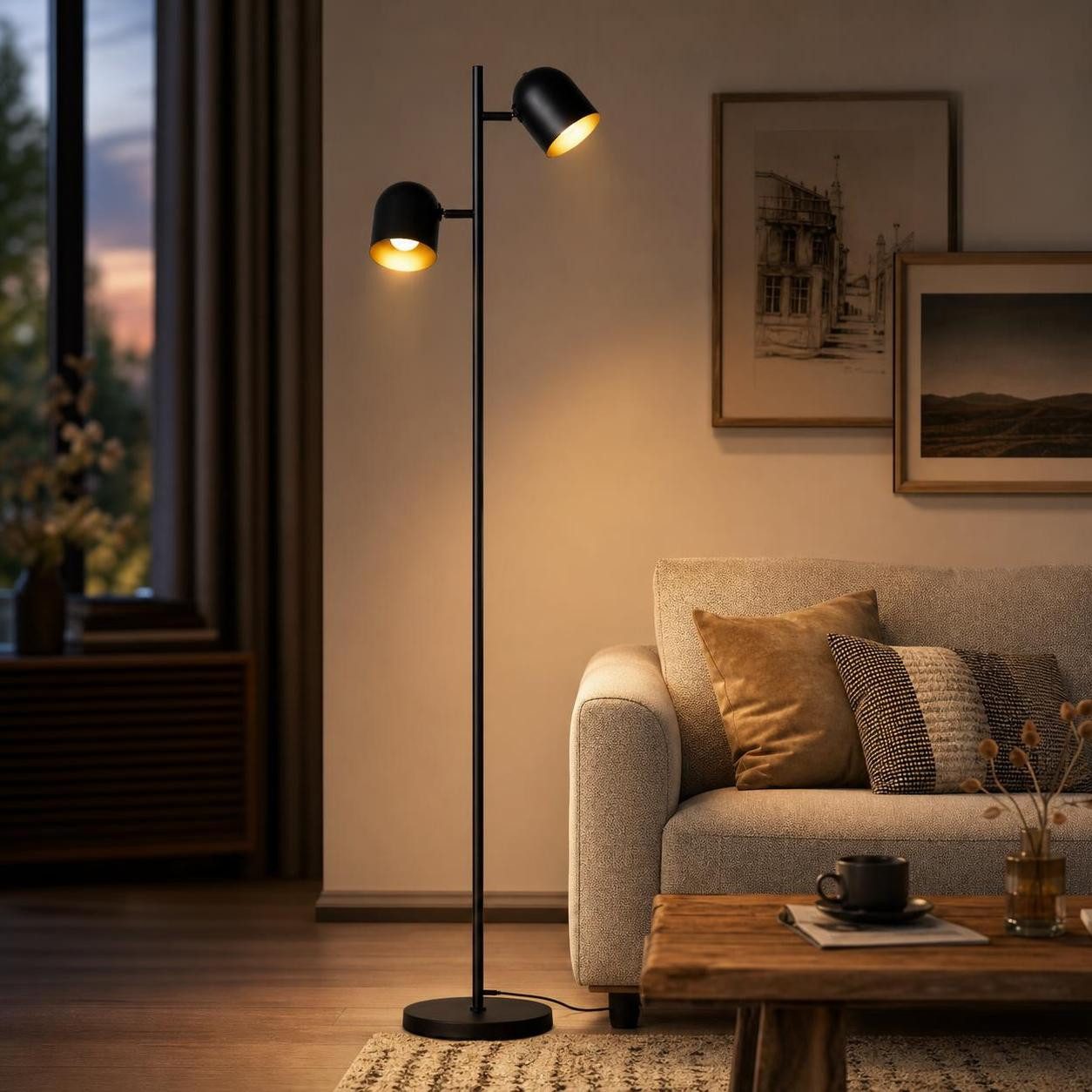 ZMH Stehlampe Wohnzimmer 2-flammig, E14 Standleuchte schwarz-gold, Einfache Installation, ohne Leuchtmittel, Vintage Leselampe schwenkbar