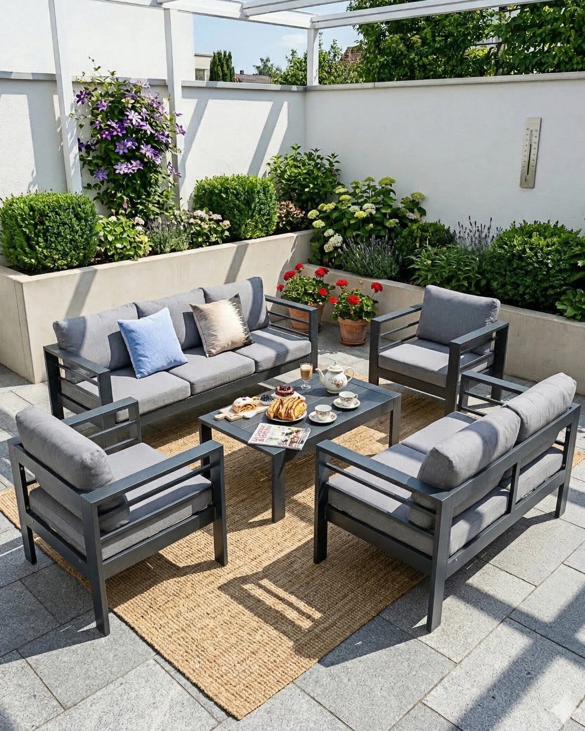 MeXo Gartenlounge-Set Terrassenmöbel Set 8-10 Personen Aluminium outdoor wetterfest, (Belastbarkeit pro Sitzplatz 140kg, 7-tlg., 12cm Deluxe Relax-Sitzkissen), Gartenmöbel Set für Außenbereich, Terrasse, Balkon und Garten