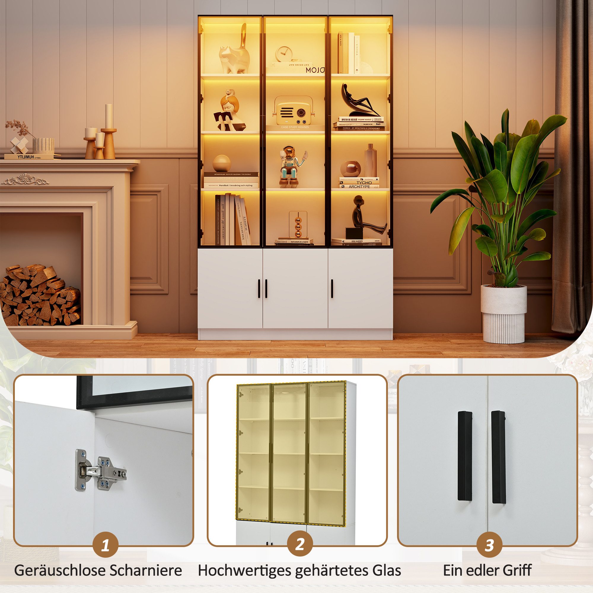 Merax Glasvitrine mit LED-Beleuchtung steuerbar per App (Wohnzimmerschrank Hochschrank Multifunktionsschrank, 1-St) Standvitrine mit 6 Türen und größer Stauraum – Bild 5 von 5